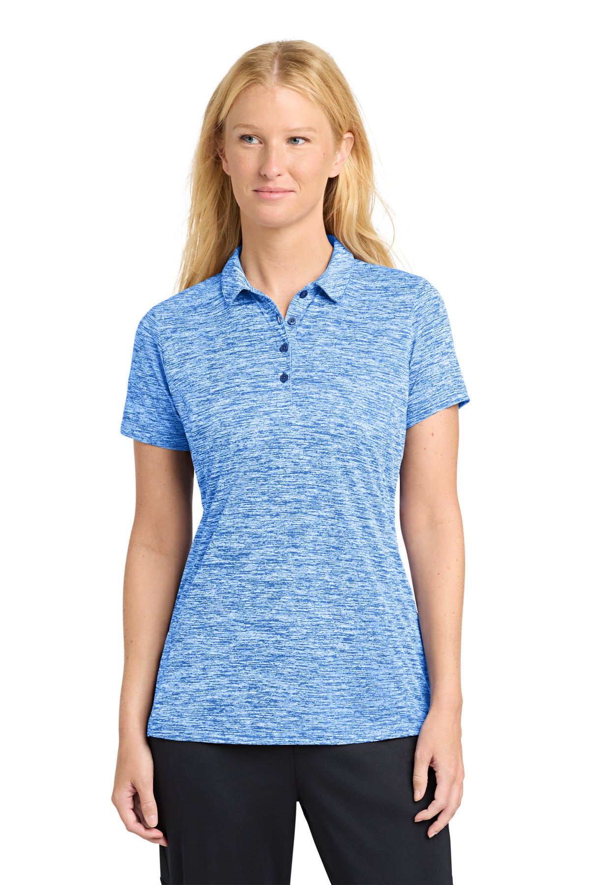 Custom True Royal Electric Women's PosiCharge Electric Heather Polo LST590, personalized by SanCanDo Swag in Argyle, TX