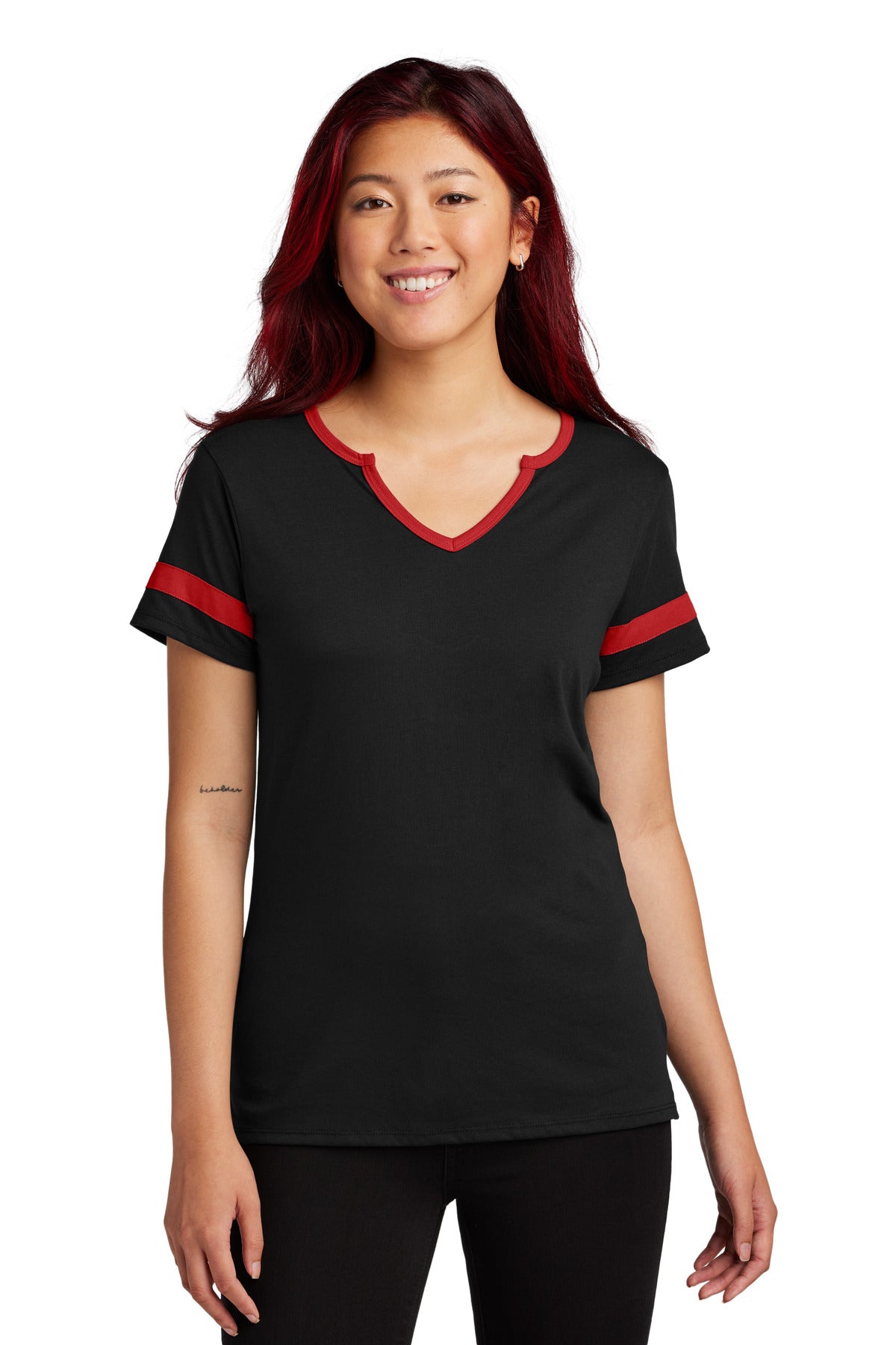Custom Black/ Deep Red Women's Halftime Notch Neck Tee LST6041, personalized by SanCanDo Swag in Argyle, TX