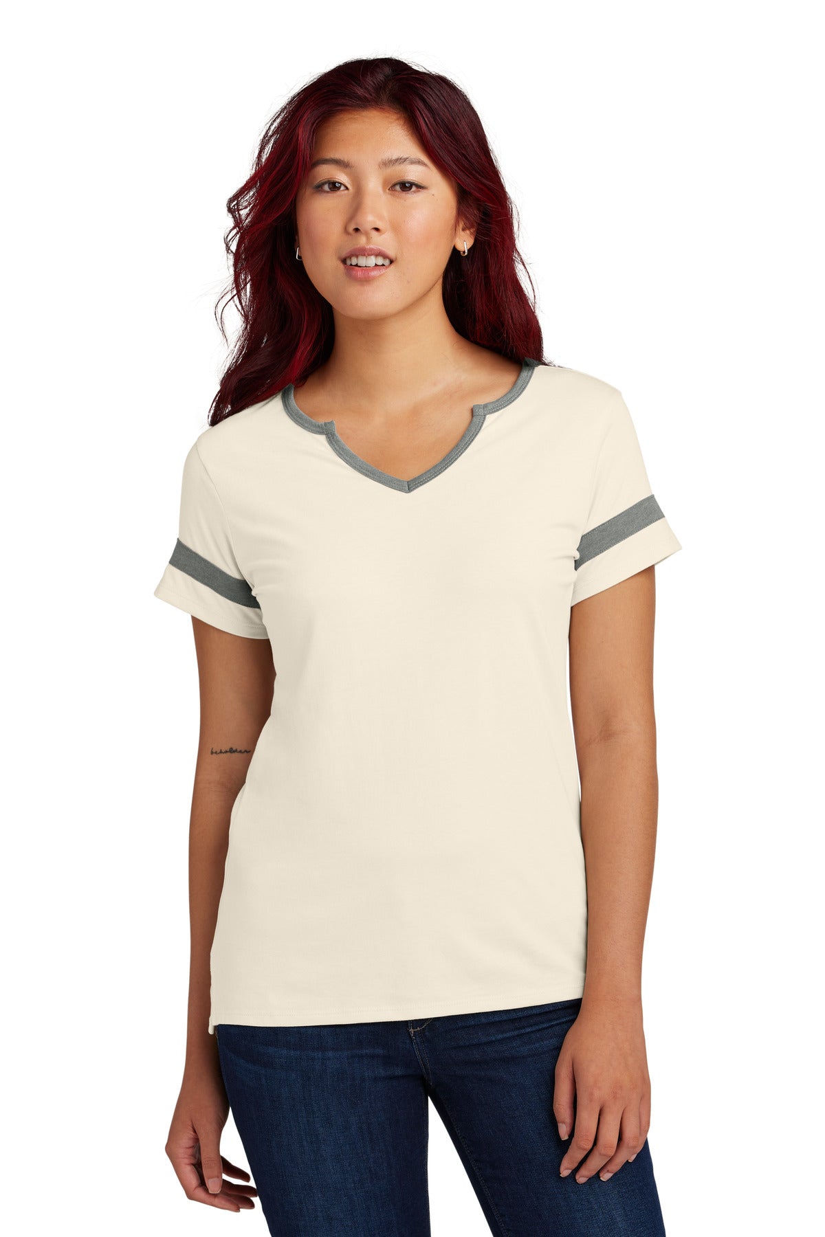 Custom Ecru/ Vintage Heather Women's Halftime Notch Neck Tee LST6041, personalized by SanCanDo Swag in Argyle, TX