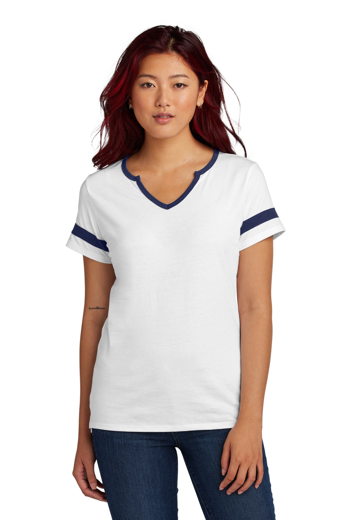 Custom White/ True Navy Women's Halftime Notch Neck Tee LST6041, personalized by SanCanDo Swag in Argyle, TX