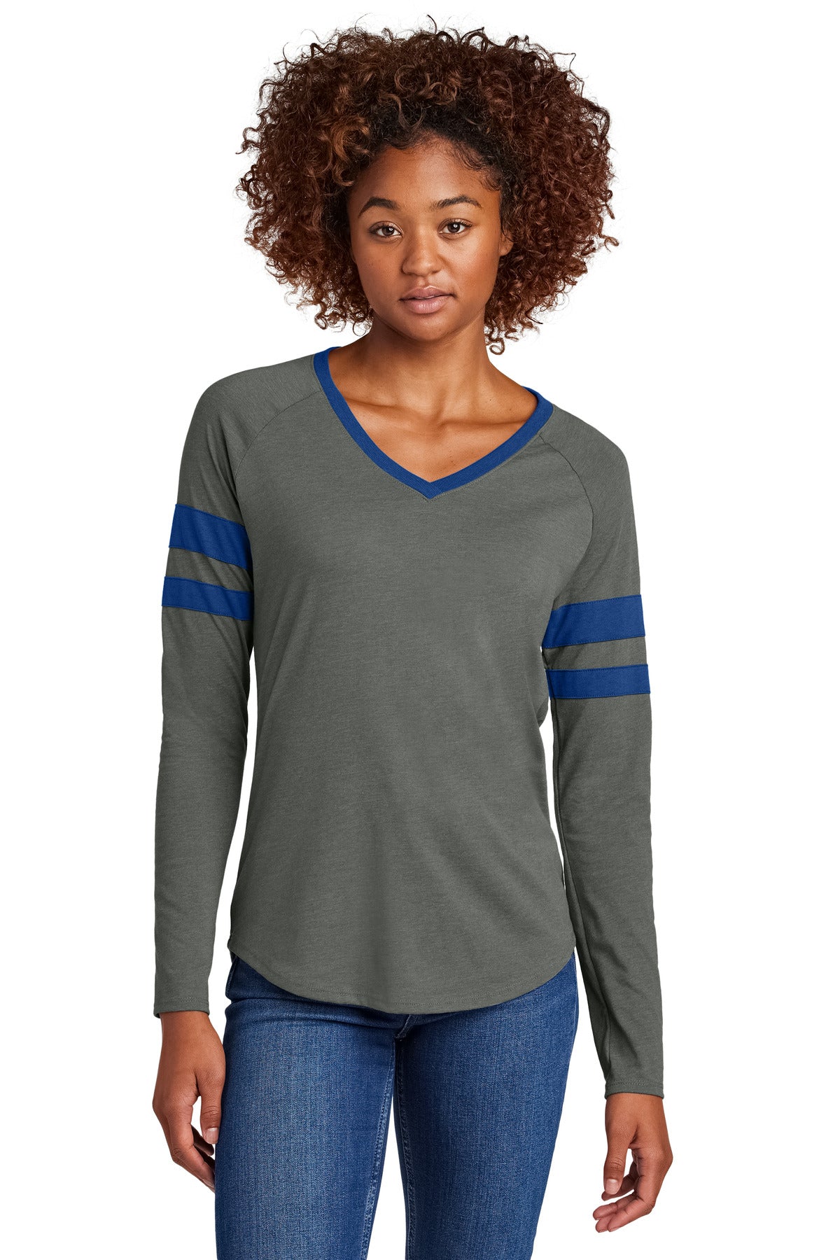 Custom True Royal/ Vintage Heather Halftime Stripe Long Sleeve V-Neck Tee LST6043, personalized by SanCanDo Swag in Argyle, TX