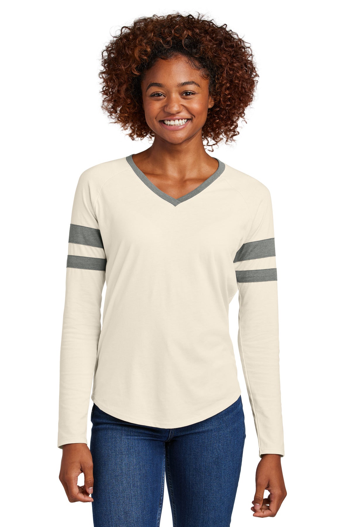 Custom Vintage Heather/ Ecru Halftime Stripe Long Sleeve V-Neck Tee LST6043, personalized by SanCanDo Swag in Argyle, TX
