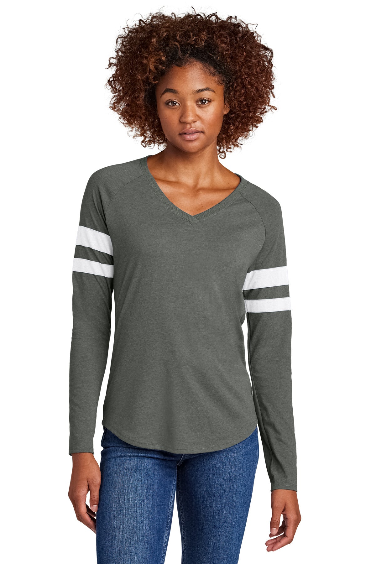 Custom White/ Vintage Heather Halftime Stripe Long Sleeve V-Neck Tee LST6043, personalized by SanCanDo Swag in Argyle, TX