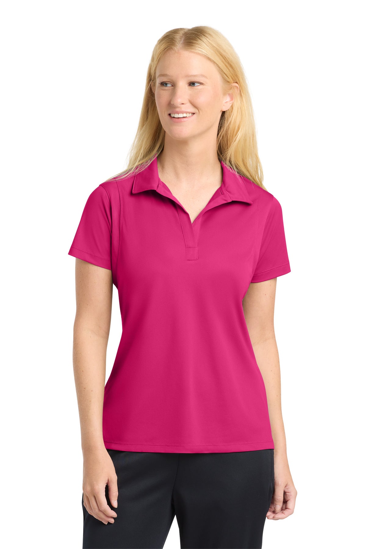 Custom Pink Raspberry Women's Micropique Sport-Wick Polo LST650, personalized by SanCanDo Swag in Argyle, TX