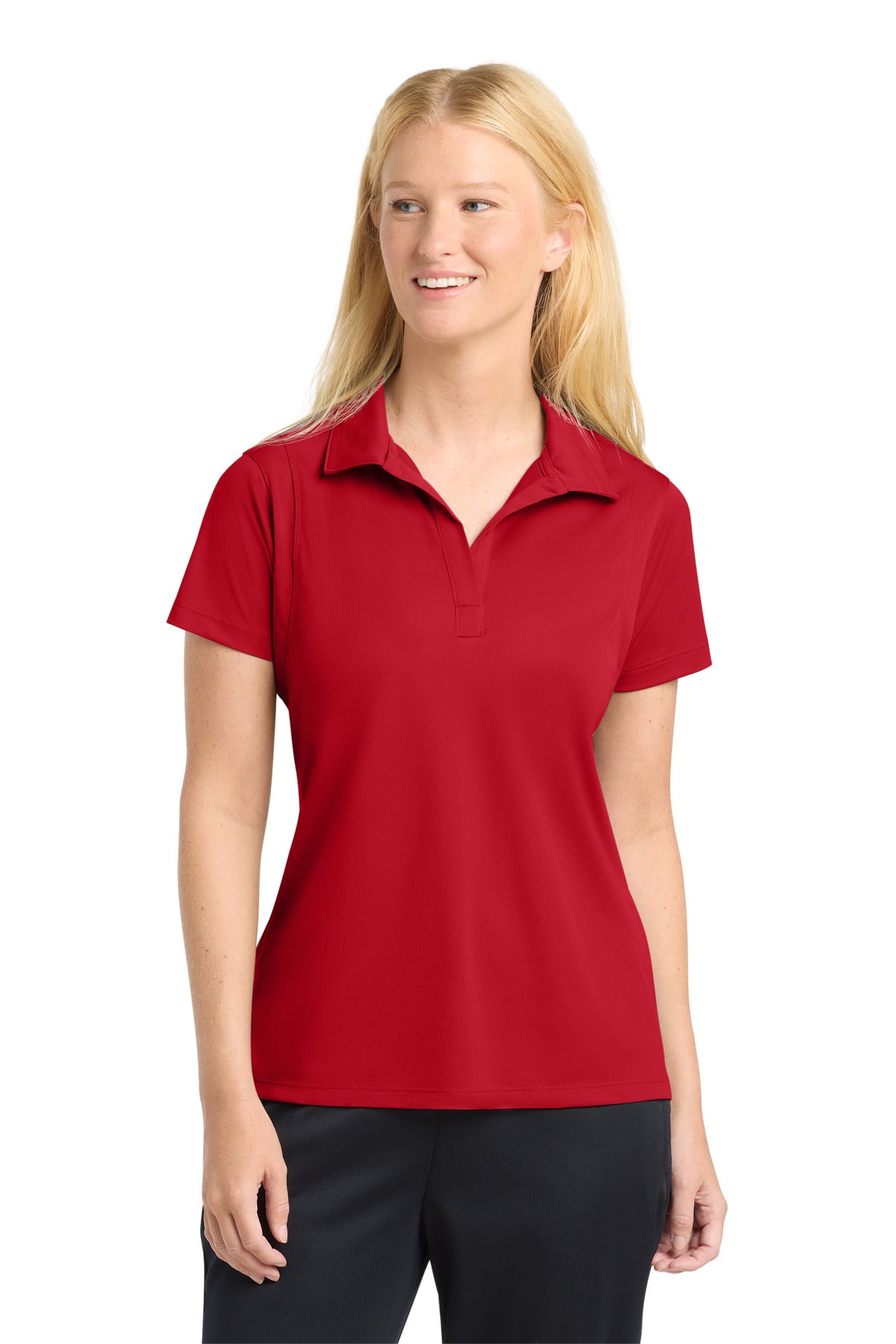 Custom True Red Women's Micropique Sport-Wick Polo LST650, personalized by SanCanDo Swag in Argyle, TX