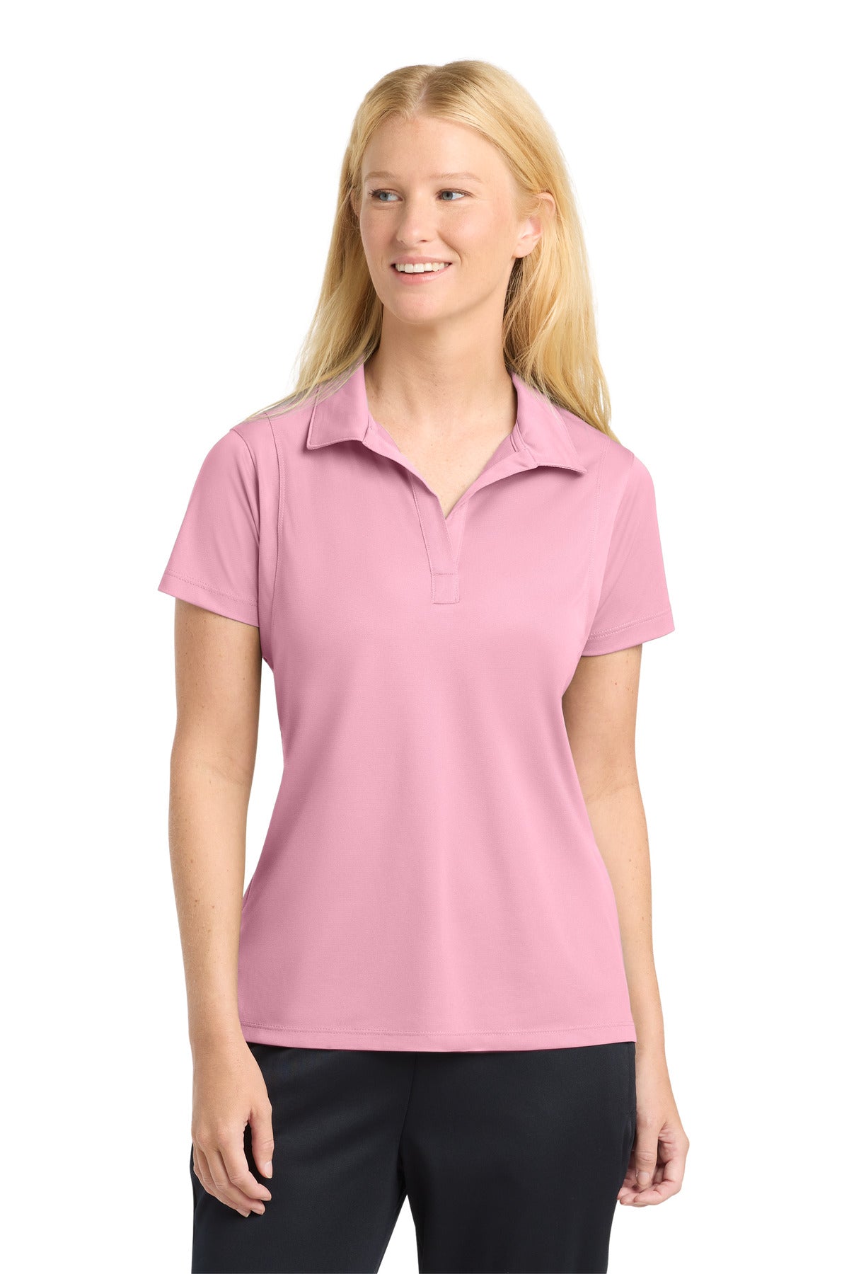 Custom Light Pink Women's Micropique Sport-Wick Polo LST650, personalized by SanCanDo Swag in Argyle, TX