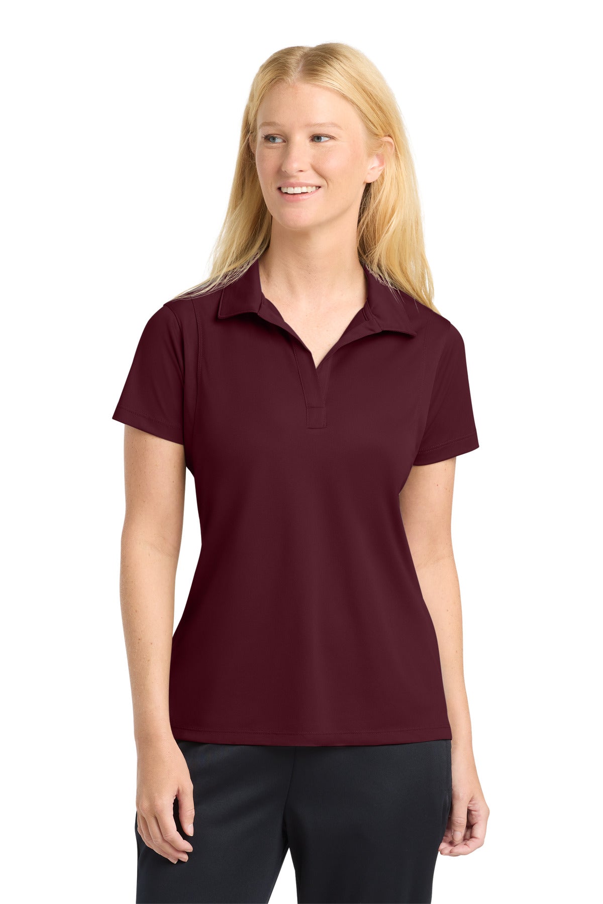 Custom Maroon Women's Micropique Sport-Wick Polo LST650, personalized by SanCanDo Swag in Argyle, TX