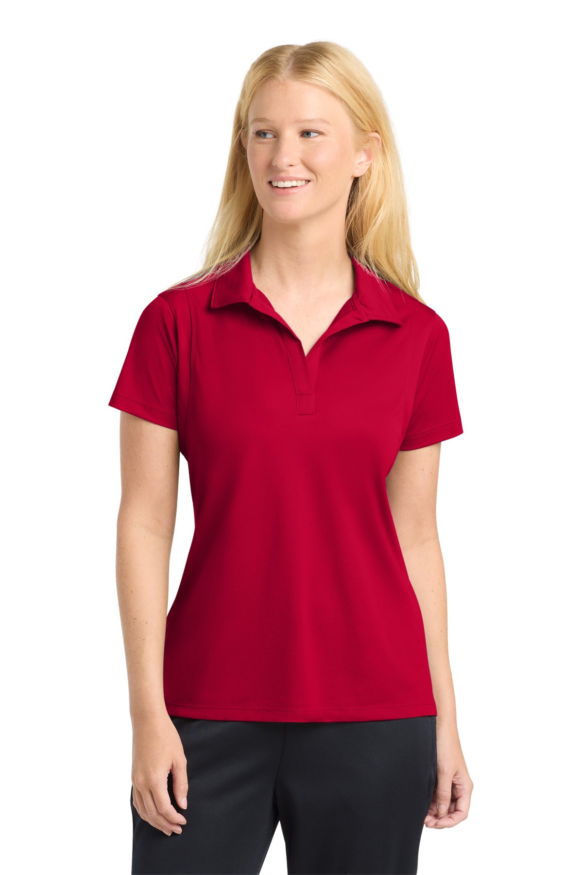 Custom Deep Red Women's Micropique Sport-Wick Polo LST650, personalized by SanCanDo Swag in Argyle, TX