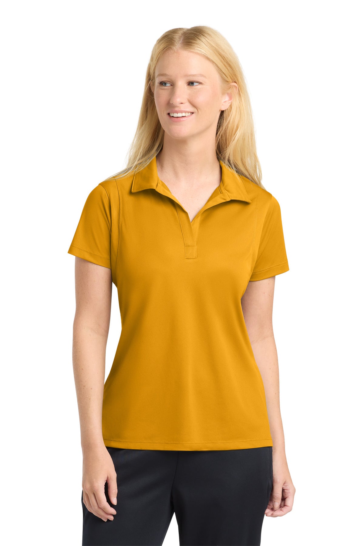 Custom Gold Women's Micropique Sport-Wick Polo LST650, personalized by SanCanDo Swag in Argyle, TX