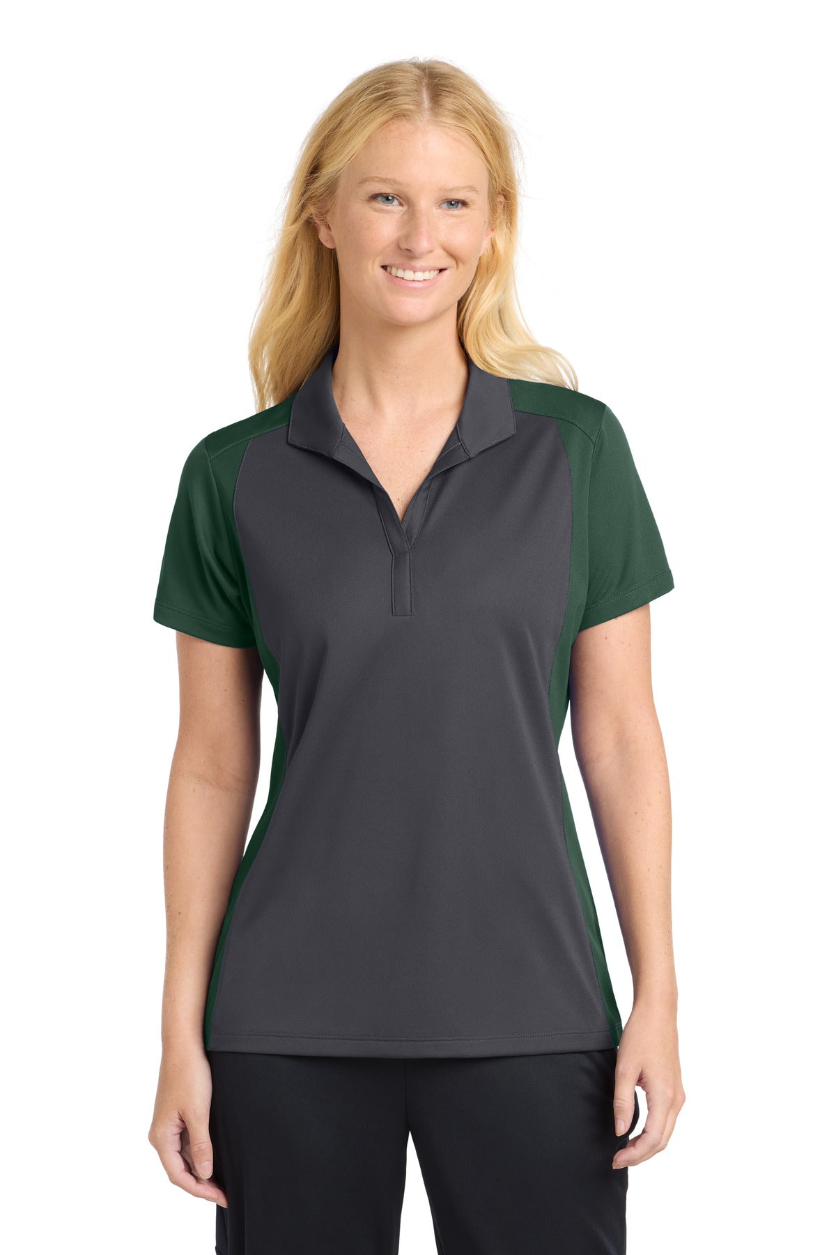 Custom Iron Grey/ Forest Green Colorblock Micropique Sport-Wick Polo LST652, personalized by SanCanDo Swag in Argyle, TX