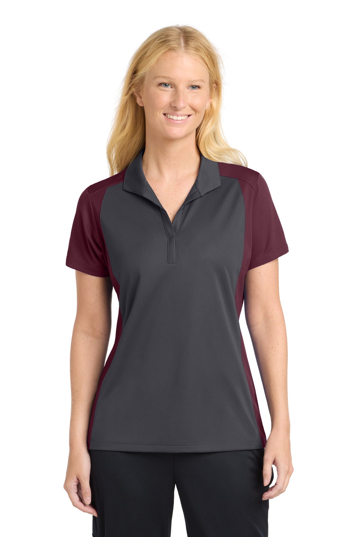 Custom Iron Grey/ Maroon Colorblock Micropique Sport-Wick Polo LST652, personalized by SanCanDo Swag in Argyle, TX