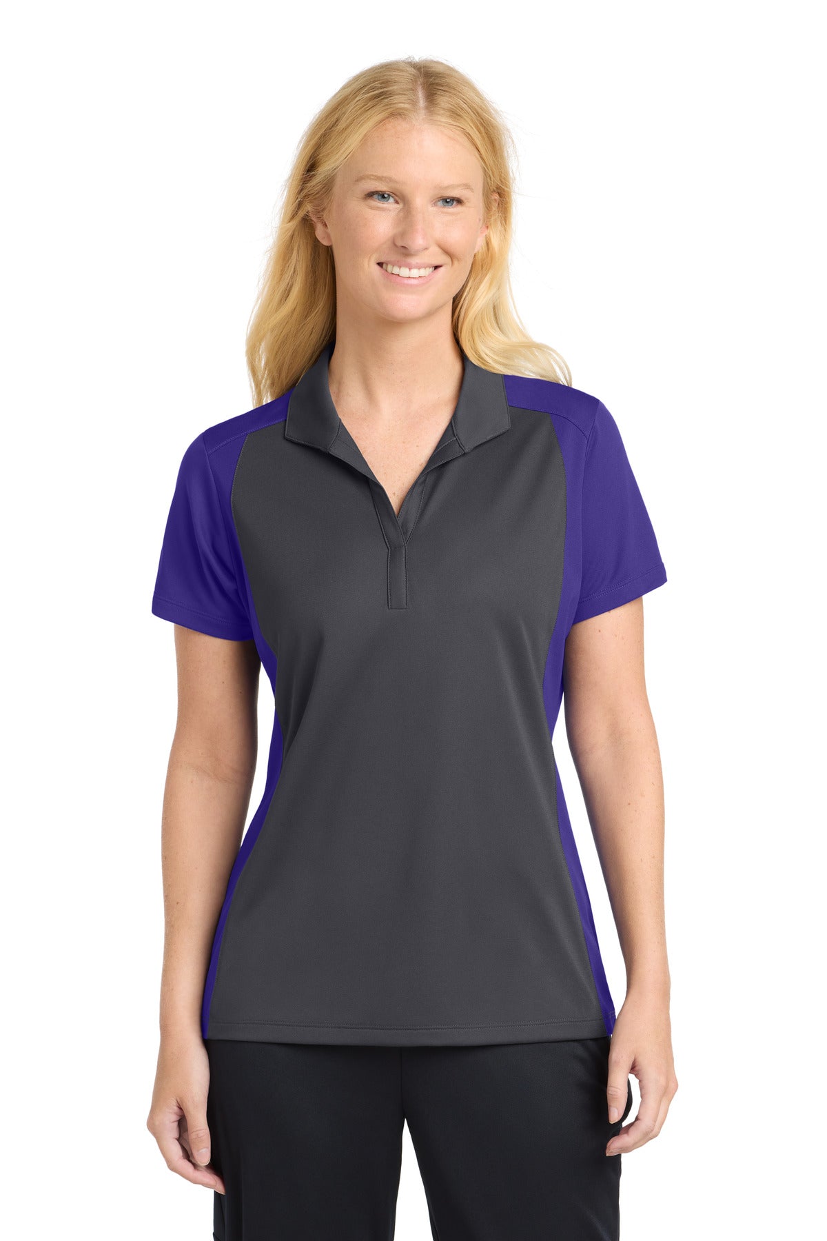 Custom Iron Grey/ Purple Colorblock Micropique Sport-Wick Polo LST652, personalized by SanCanDo Swag in Argyle, TX
