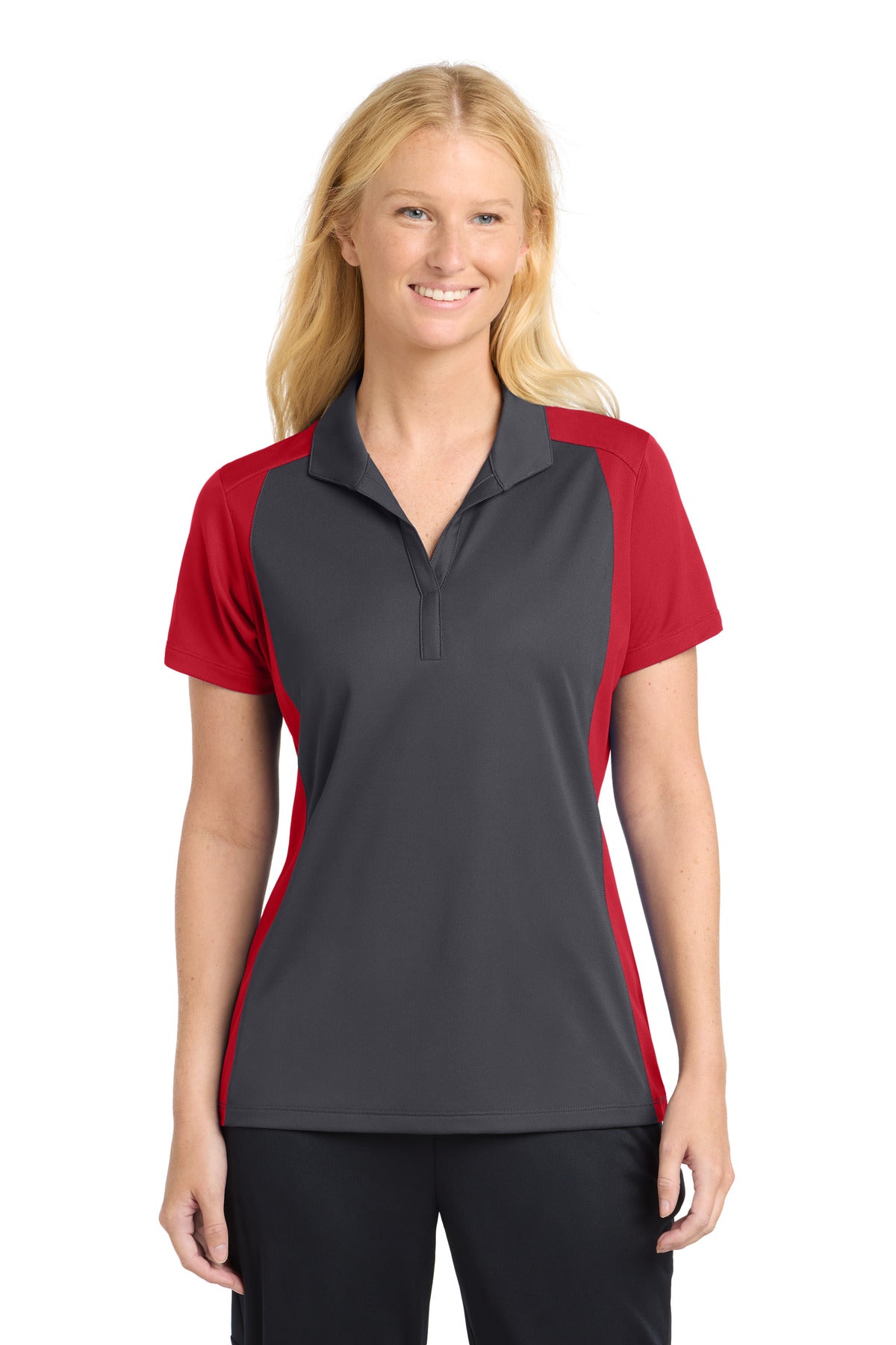Custom Iron Grey/ True Red Colorblock Micropique Sport-Wick Polo LST652, personalized by SanCanDo Swag in Argyle, TX