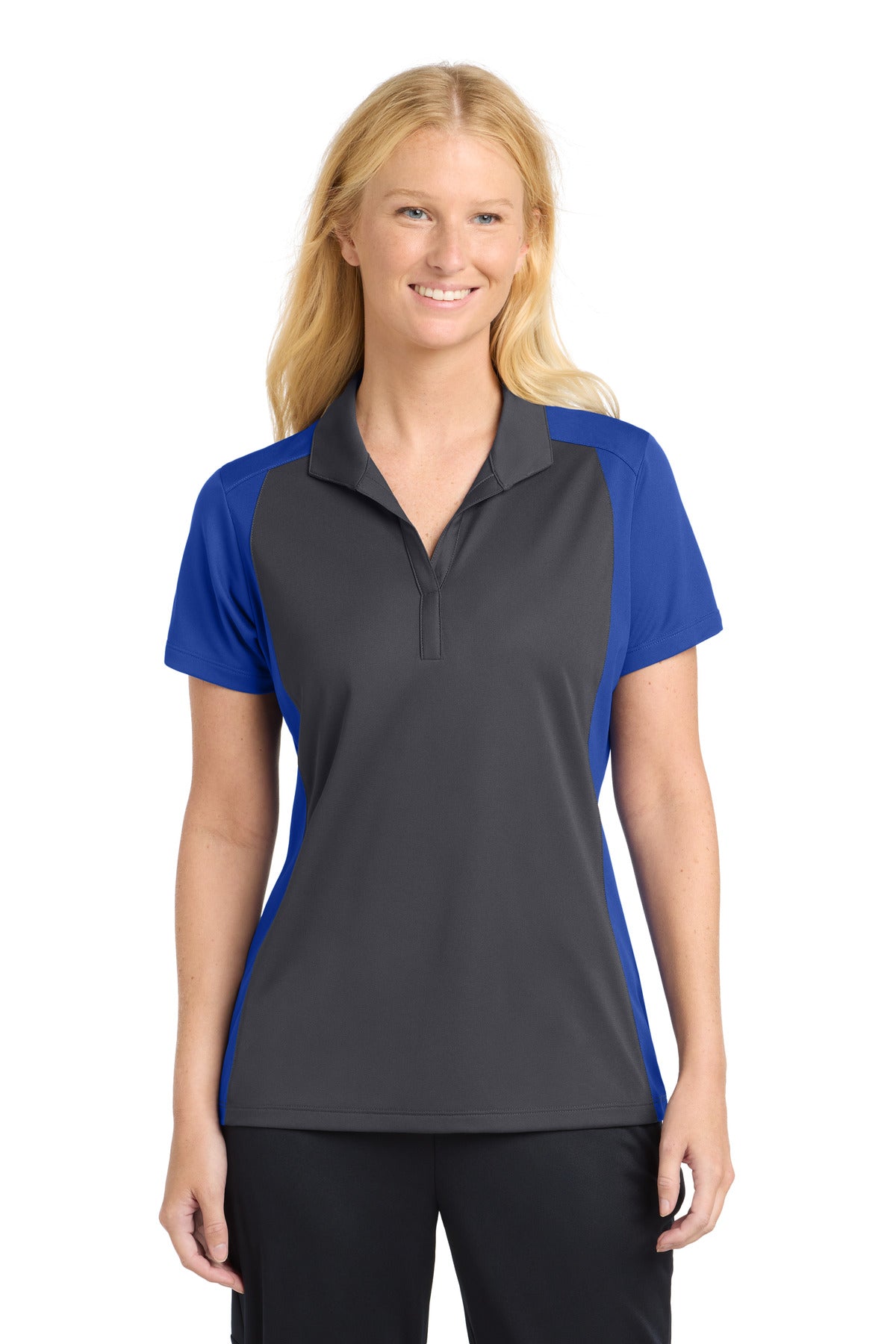 Custom Iron Grey/ True Royal Colorblock Micropique Sport-Wick Polo LST652, personalized by SanCanDo Swag in Argyle, TX