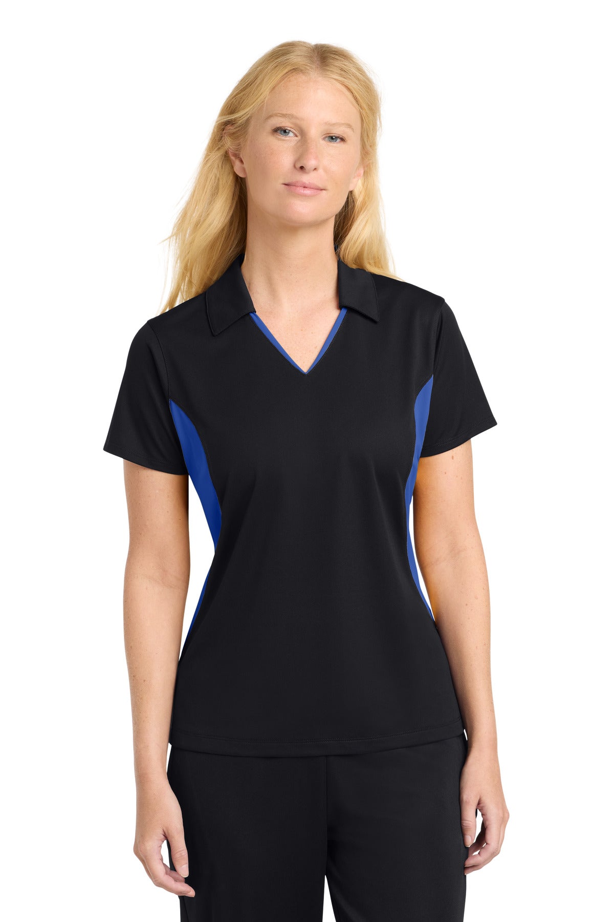 Custom Black/ True Royal Women's Side Blocked Micropique Polo LST655, personalized by SanCanDo Swag in Argyle, TX