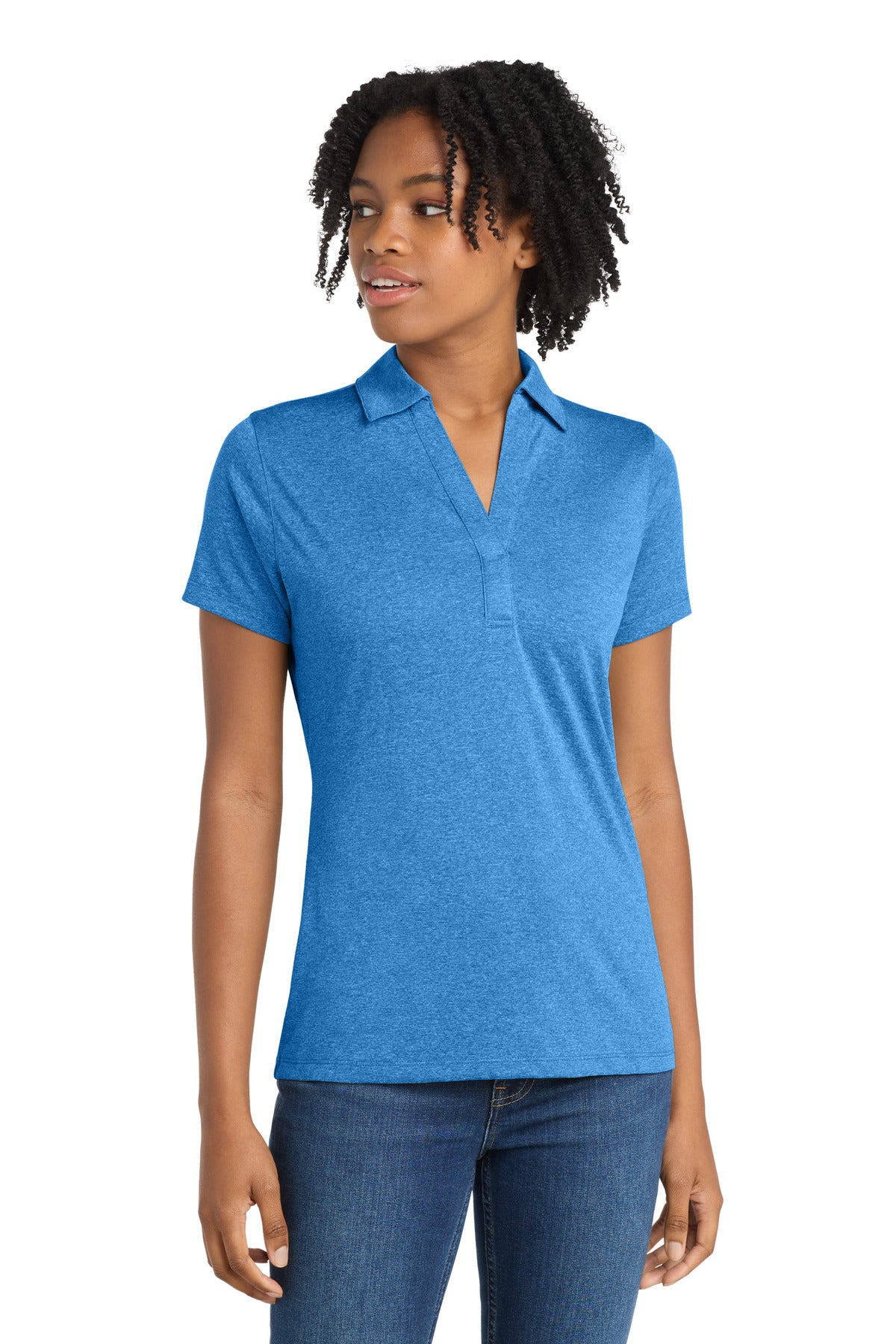 Custom Blue Wake Heather Women's Heather Contender Polo LST660, personalized by SanCanDo Swag in Argyle, TX