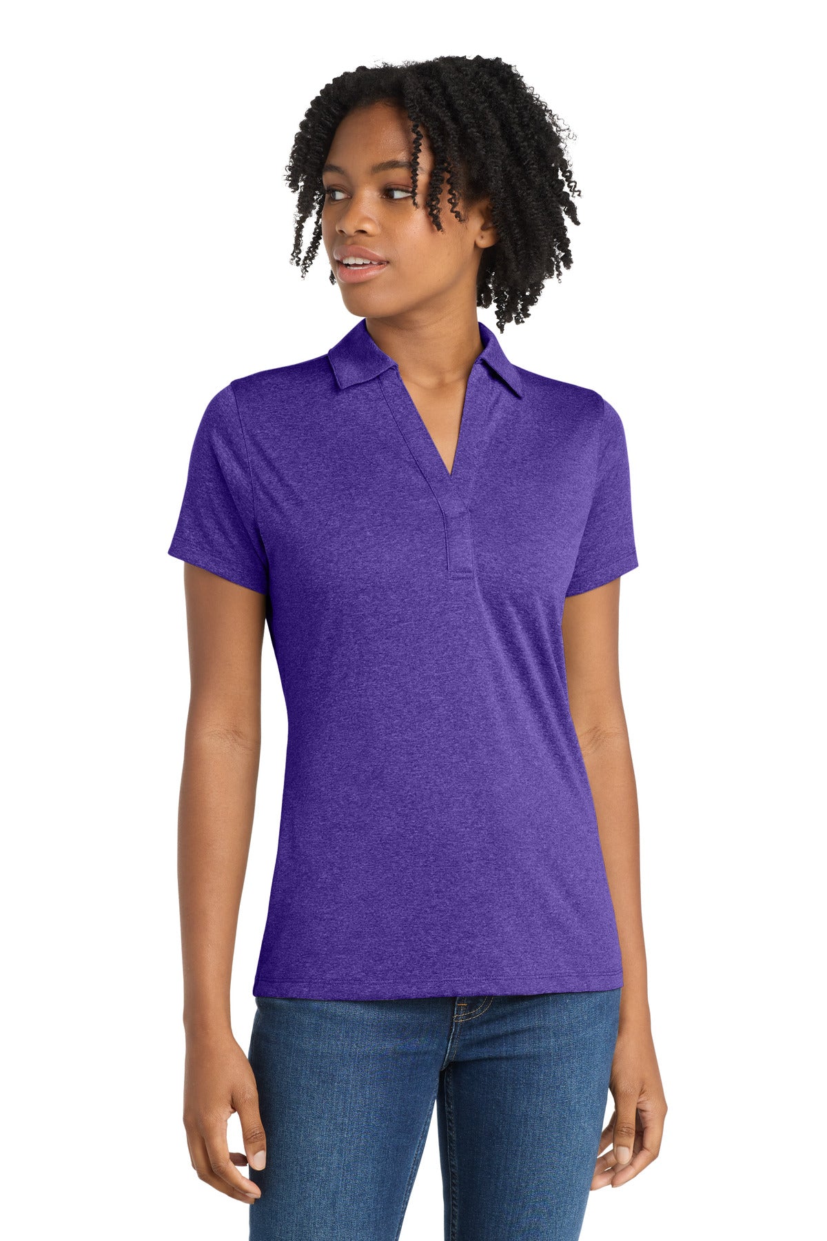 Custom Varsity Purple Heather Women's Heather Contender Polo LST660, personalized by SanCanDo Swag in Argyle, TX