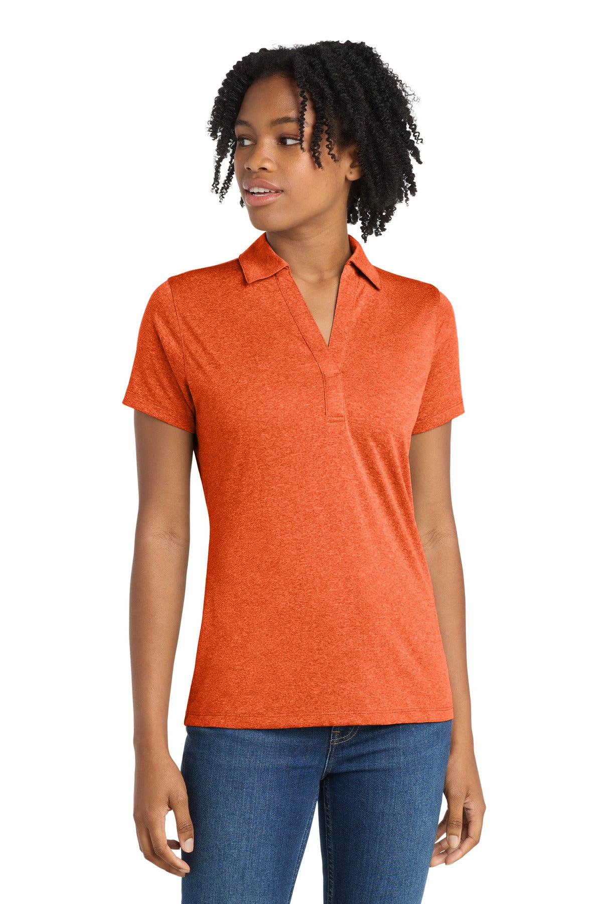 Custom Deep Orange Heather Women's Heather Contender Polo LST660, personalized by SanCanDo Swag in Argyle, TX