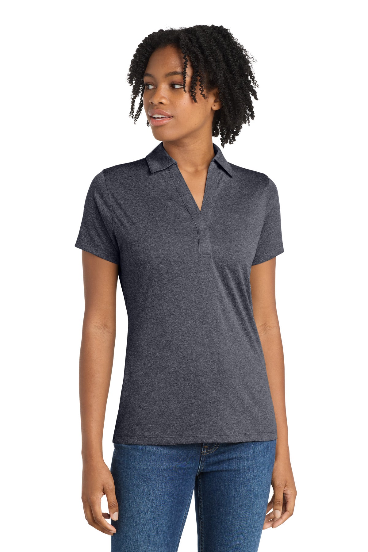 Custom Graphite Heather Women's Heather Contender Polo LST660, personalized by SanCanDo Swag in Argyle, TX