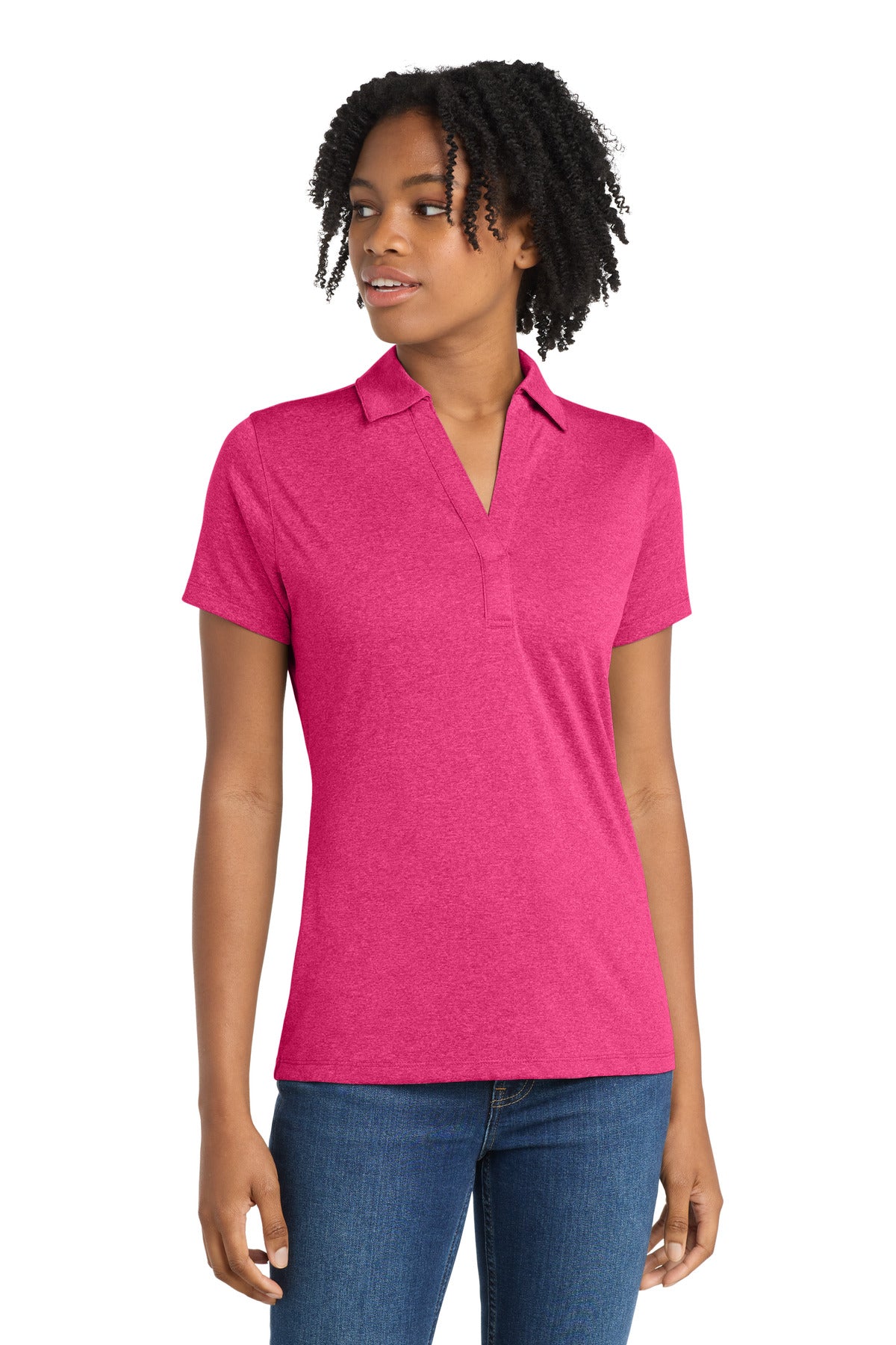 Custom Pink Raspberry Heather Women's Heather Contender Polo LST660, personalized by SanCanDo Swag in Argyle, TX