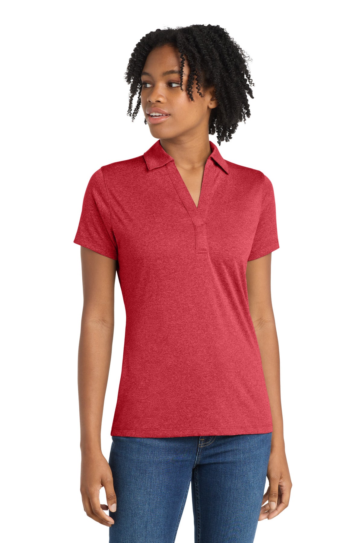 Custom Scarlet Heather Women's Heather Contender Polo LST660, personalized by SanCanDo Swag in Argyle, TX