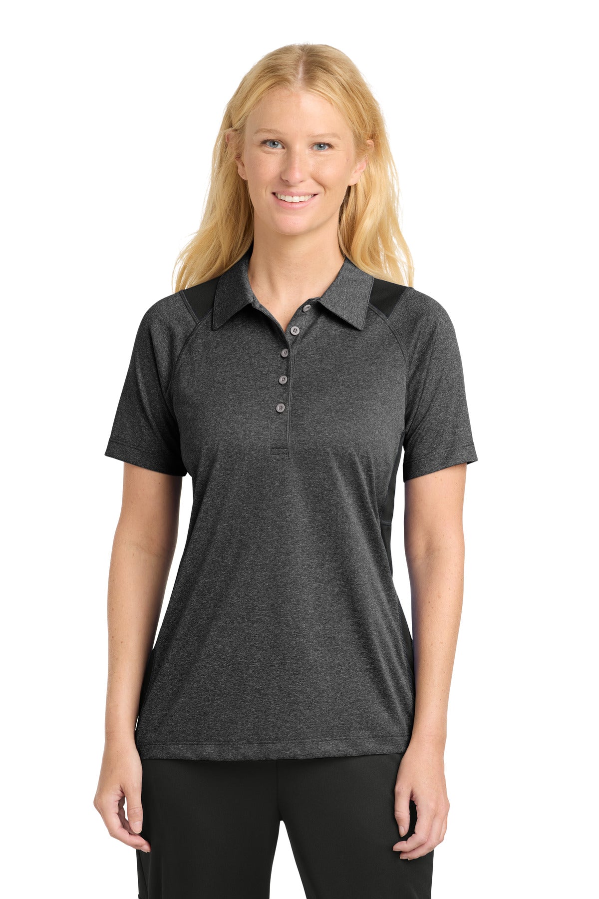 Custom Graphite Heather/ Black Heather Colorblock Contender Polo LST665, personalized by SanCanDo Swag in Argyle, TX