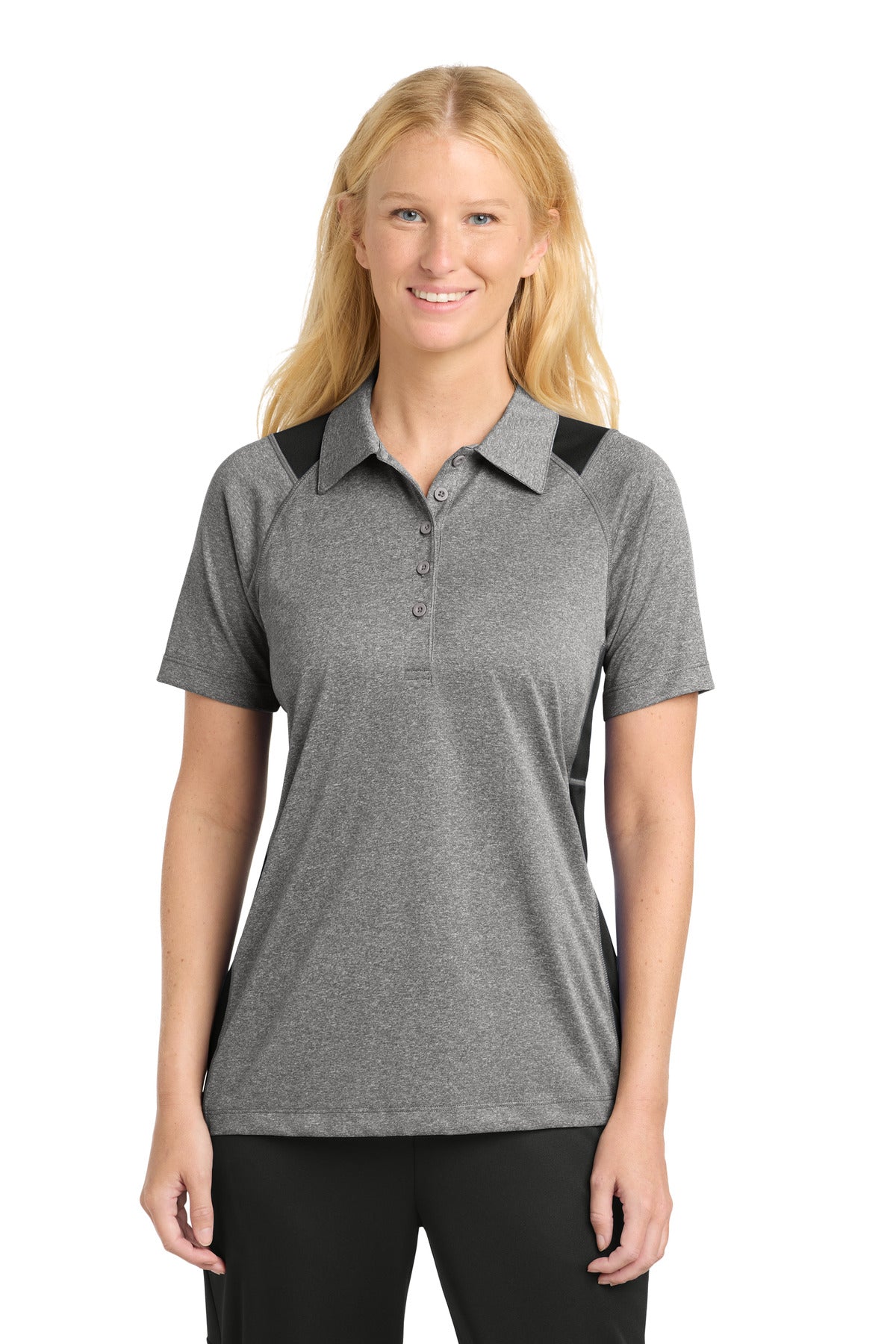 Custom Vintage Heather/ Black Heather Colorblock Contender Polo LST665, personalized by SanCanDo Swag in Argyle, TX