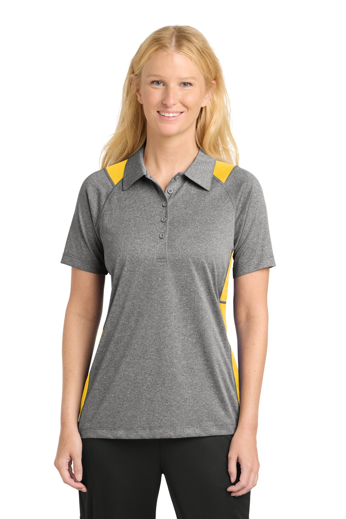 Custom Vintage Heather/ Gold Heather Colorblock Contender Polo LST665, personalized by SanCanDo Swag in Argyle, TX