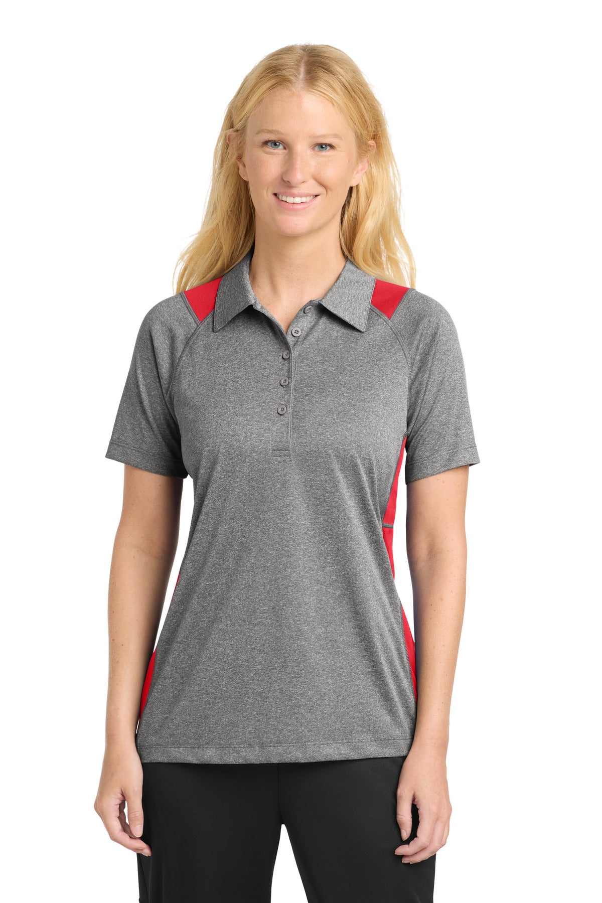 Custom Vintage Heather/ True Red Heather Colorblock Contender Polo LST665, personalized by SanCanDo Swag in Argyle, TX