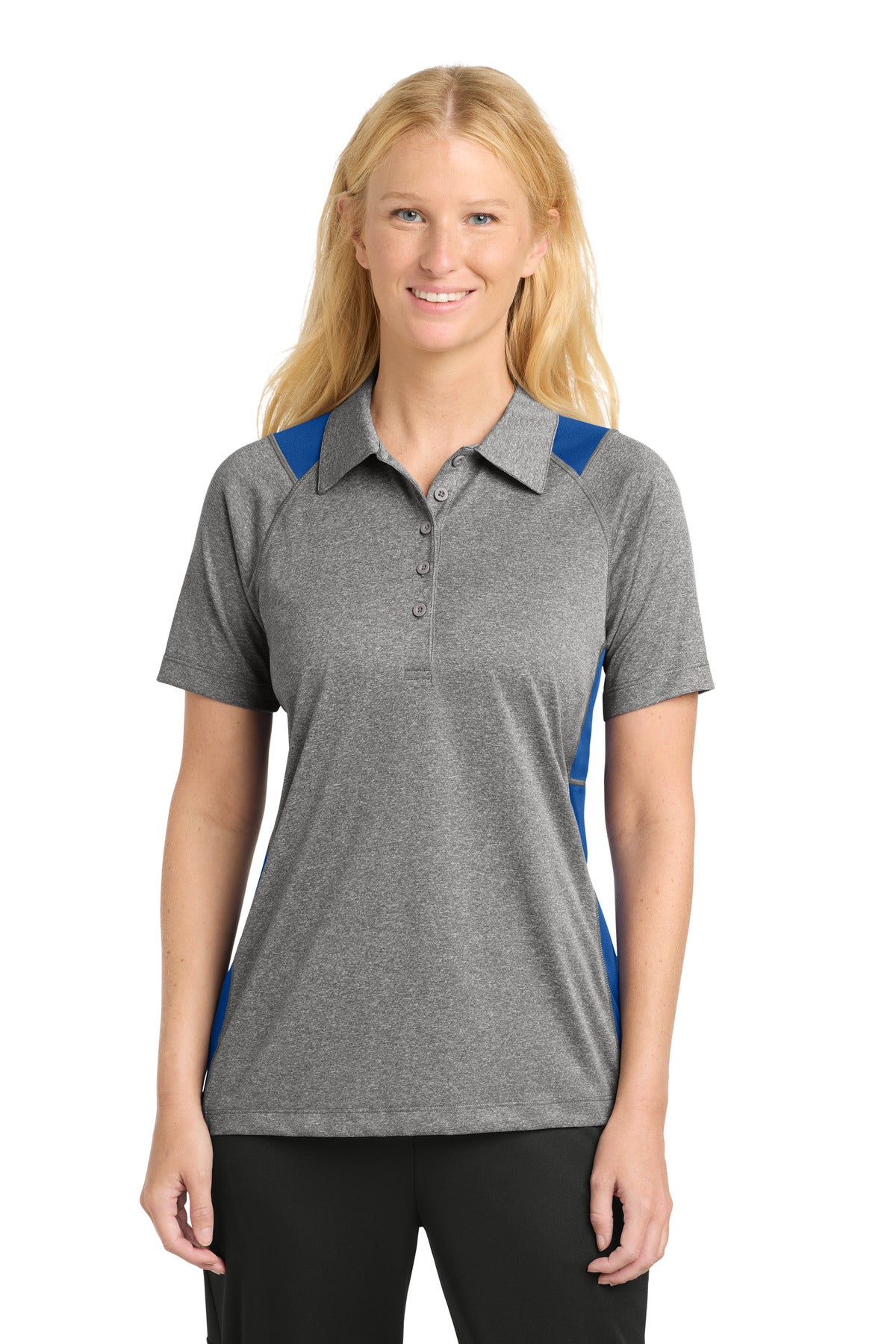Custom Vintage Heather/ True Royal Heather Colorblock Contender Polo LST665, personalized by SanCanDo Swag in Argyle, TX