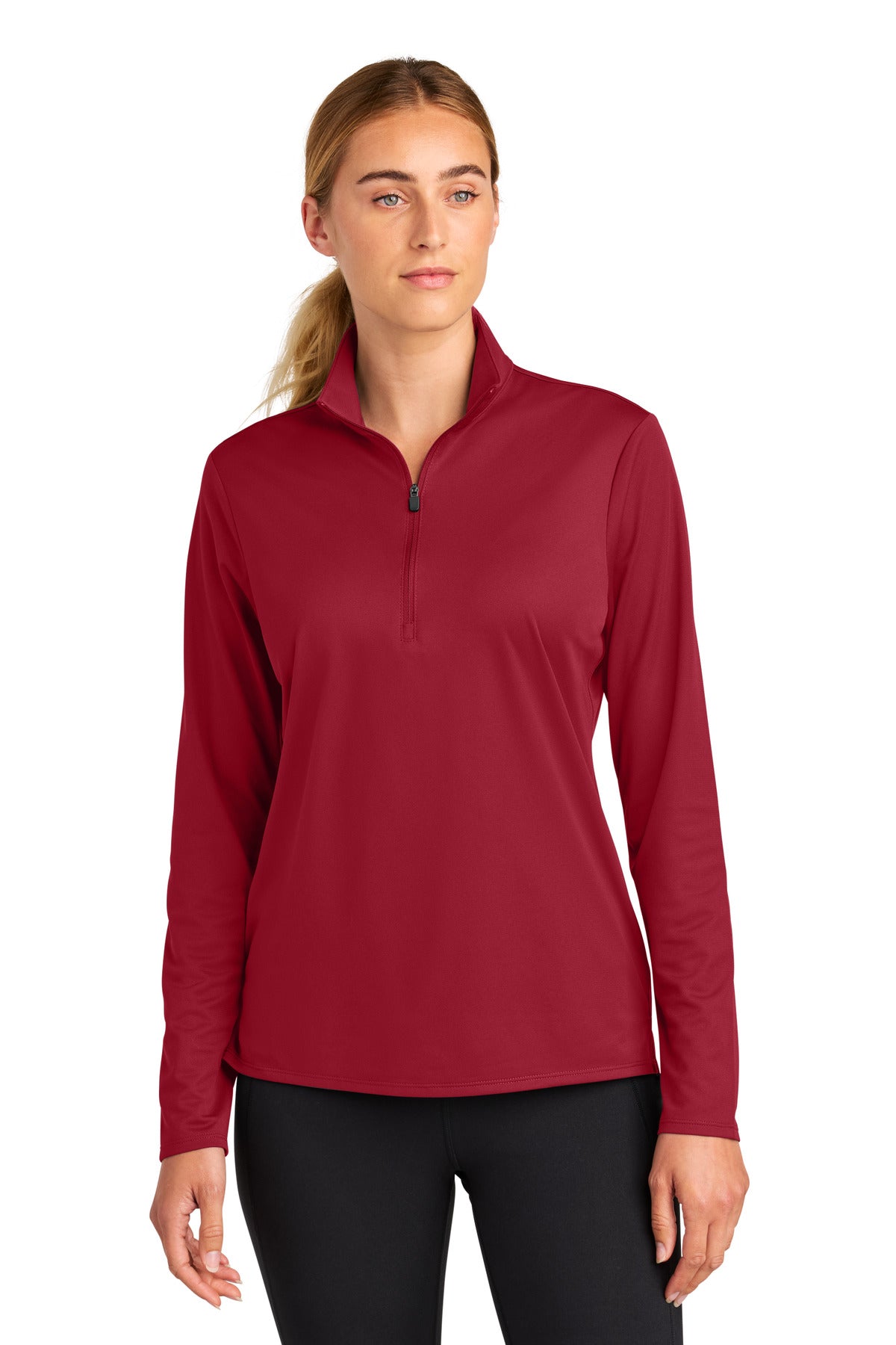 Custom Deep Red Women's Micropique Sport-Wick 1/4-Zip LST672, personalized by SanCanDo Swag in Argyle, TX