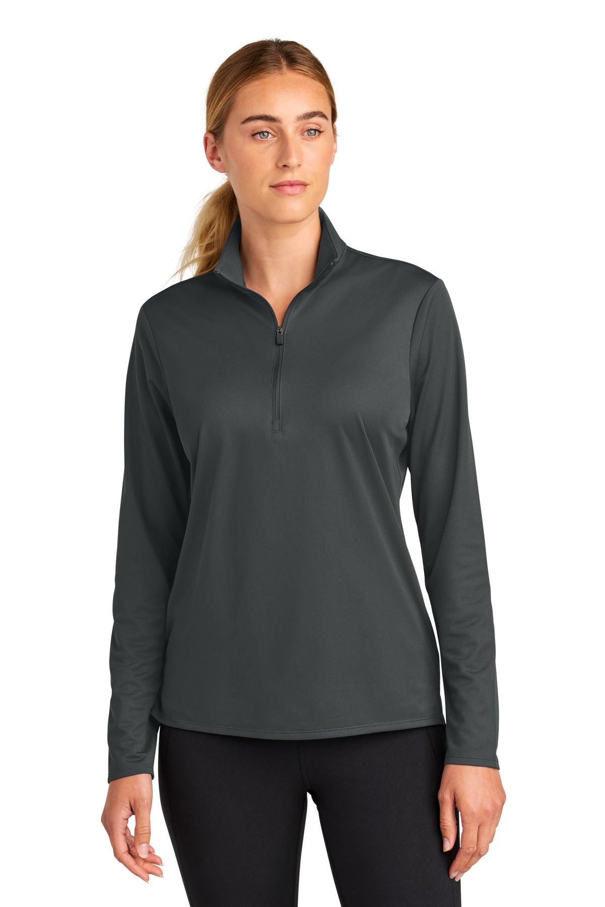 Custom Iron Grey Women's Micropique Sport-Wick 1/4-Zip LST672, personalized by SanCanDo Swag in Argyle, TX