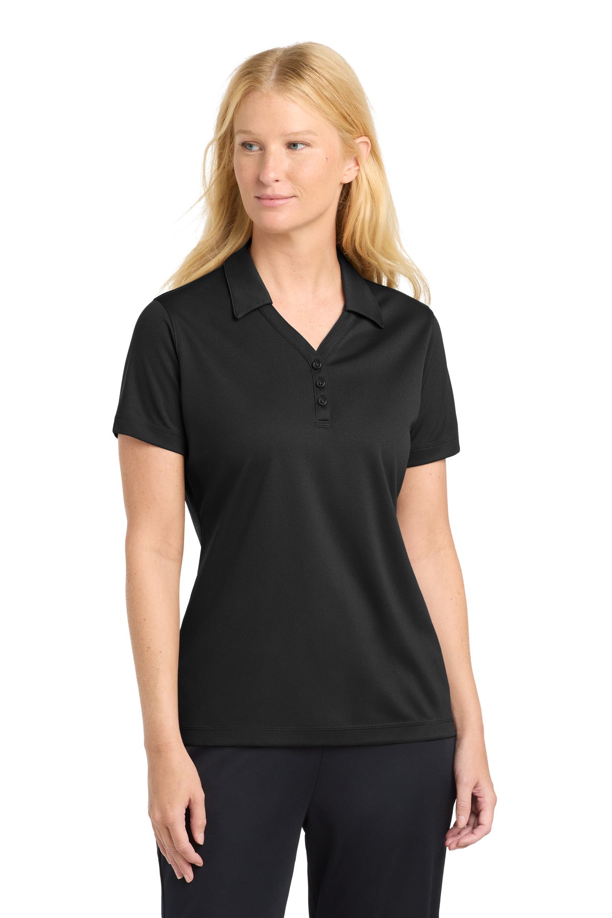 Custom Black Women's PosiCharge Micro-Mesh Polo LST680, personalized by SanCanDo Swag in Argyle, TX