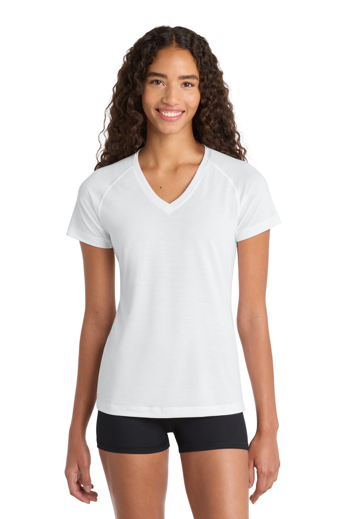 Custom White Women's Ultimate Performance V-Neck LST700, personalized by SanCanDo Swag in Argyle, TX