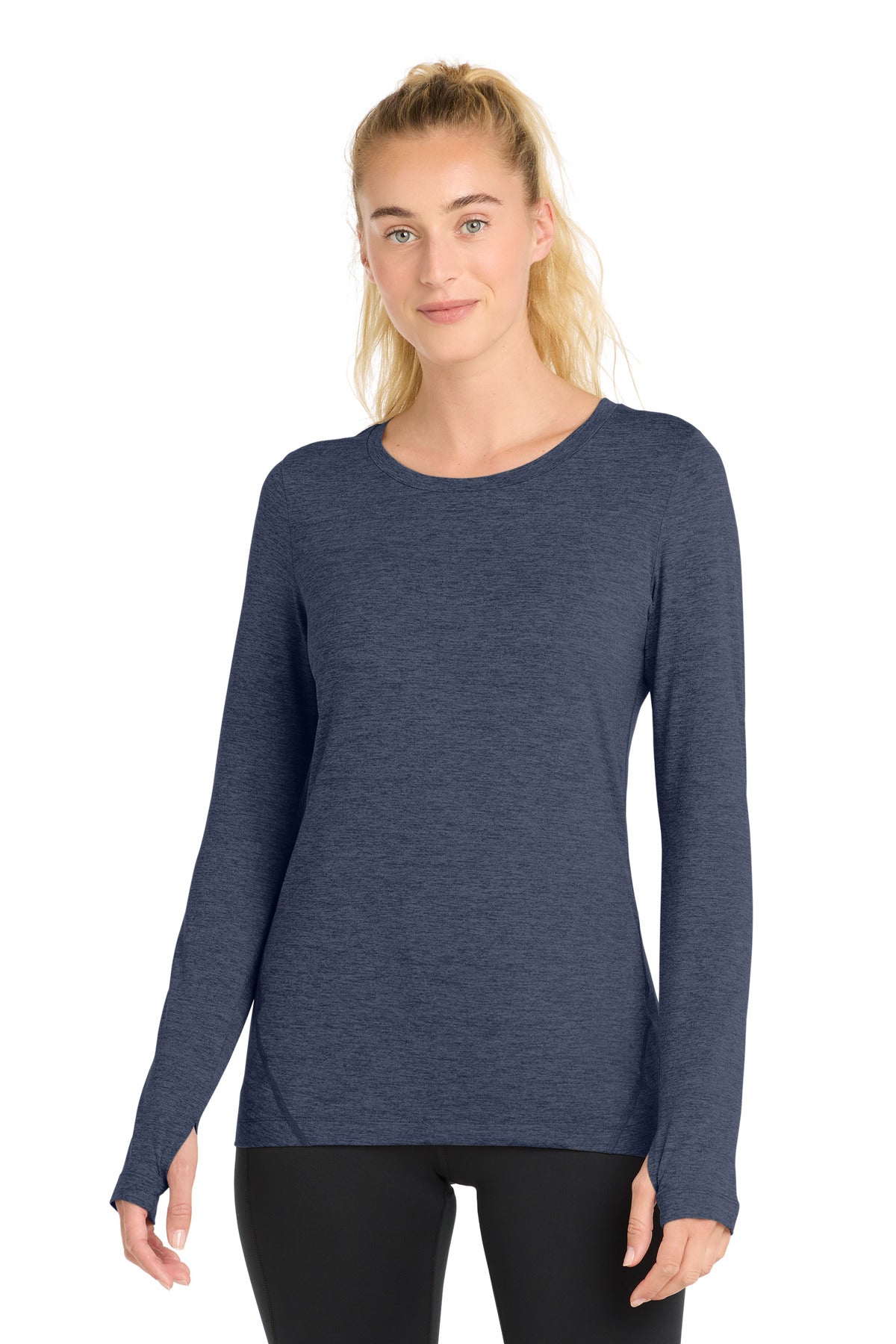 Custom Dark Denim Heather Women's Exchange 1.5 Long Sleeve Crew LST710, personalized by SanCanDo Swag in Argyle, TX