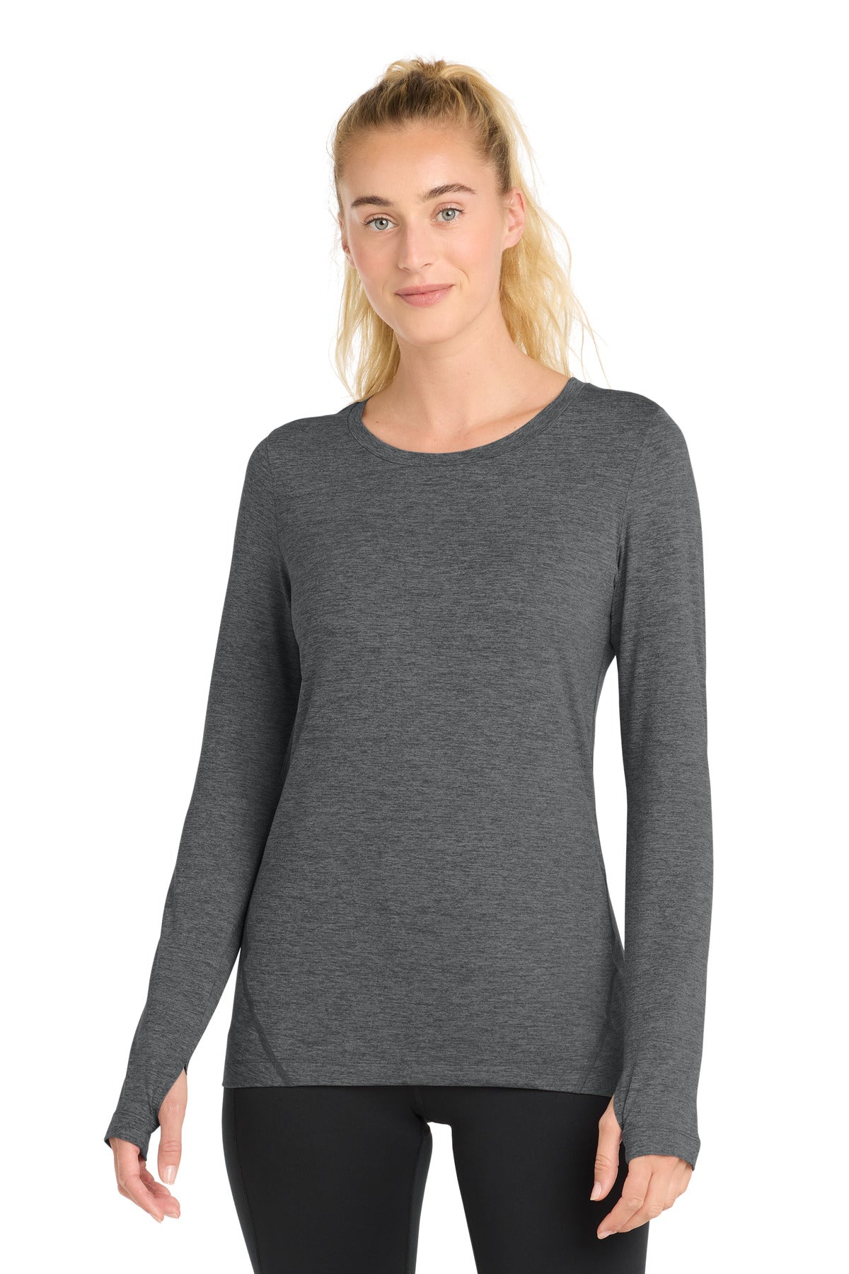 Custom Graphite Heather Women's Exchange 1.5 Long Sleeve Crew LST710, personalized by SanCanDo Swag in Argyle, TX
