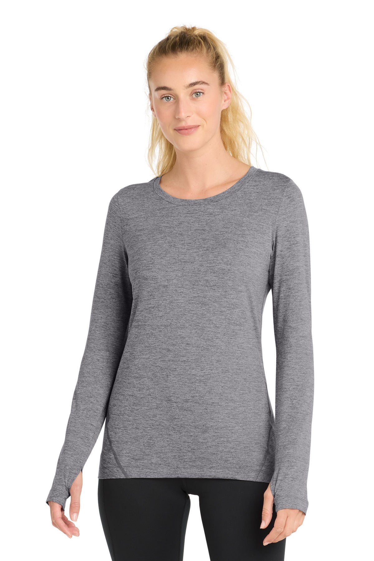 Custom Grey Heather Women's Exchange 1.5 Long Sleeve Crew LST710, personalized by SanCanDo Swag in Argyle, TX
