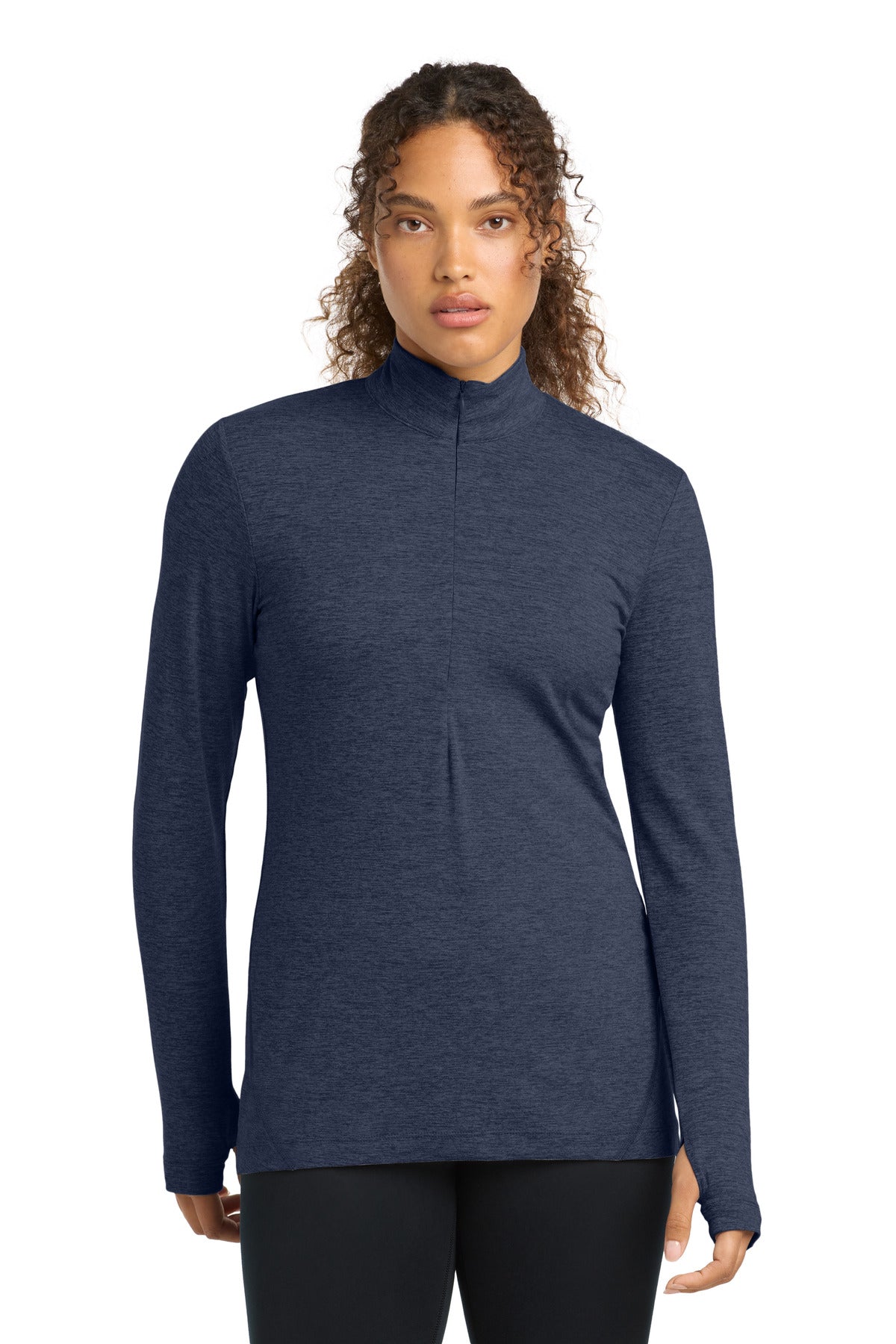 Custom Dark Denim Heather Women's Exchange 1.5 Long Sleeve 1/2-Zip LST711, personalized by SanCanDo Swag in Argyle, TX