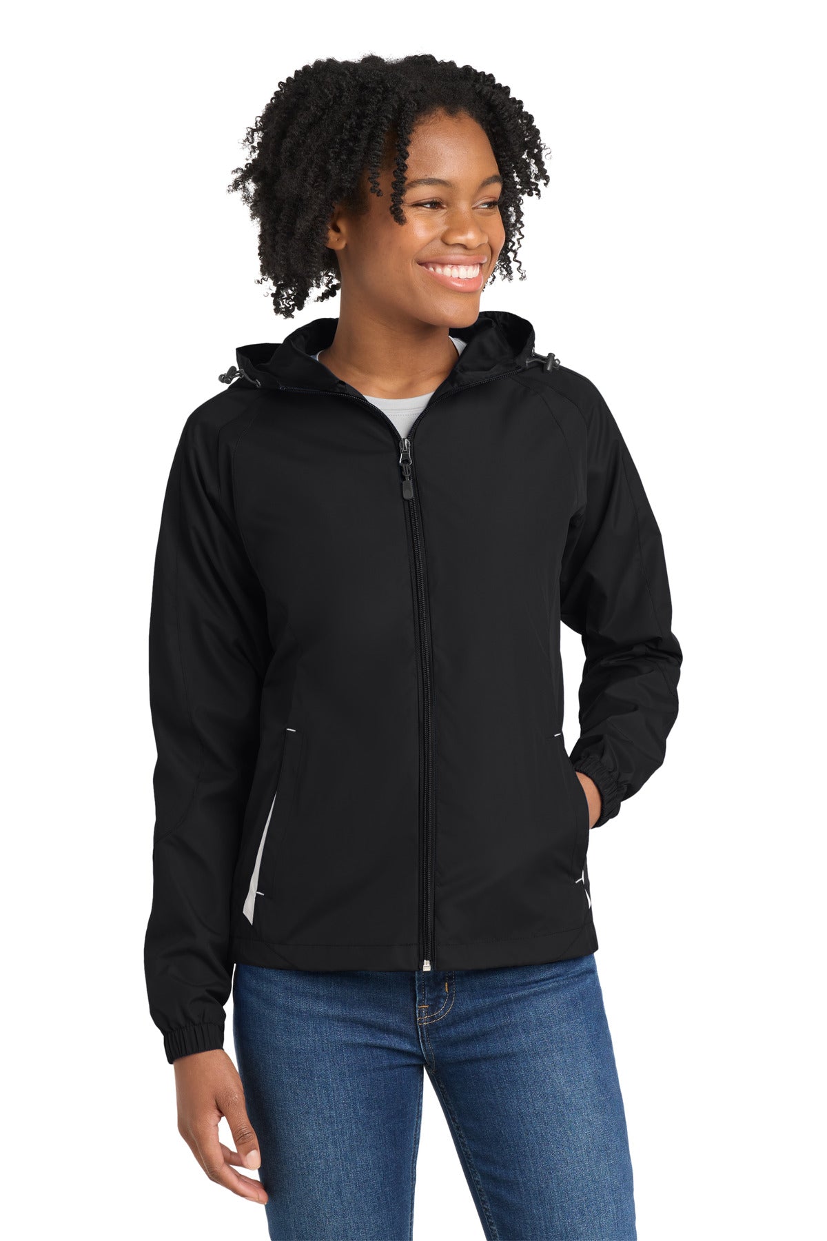 Custom Black/ White Women's Colorblock Hooded Raglan Jacket LST76, personalized by SanCanDo Swag in Argyle, TX