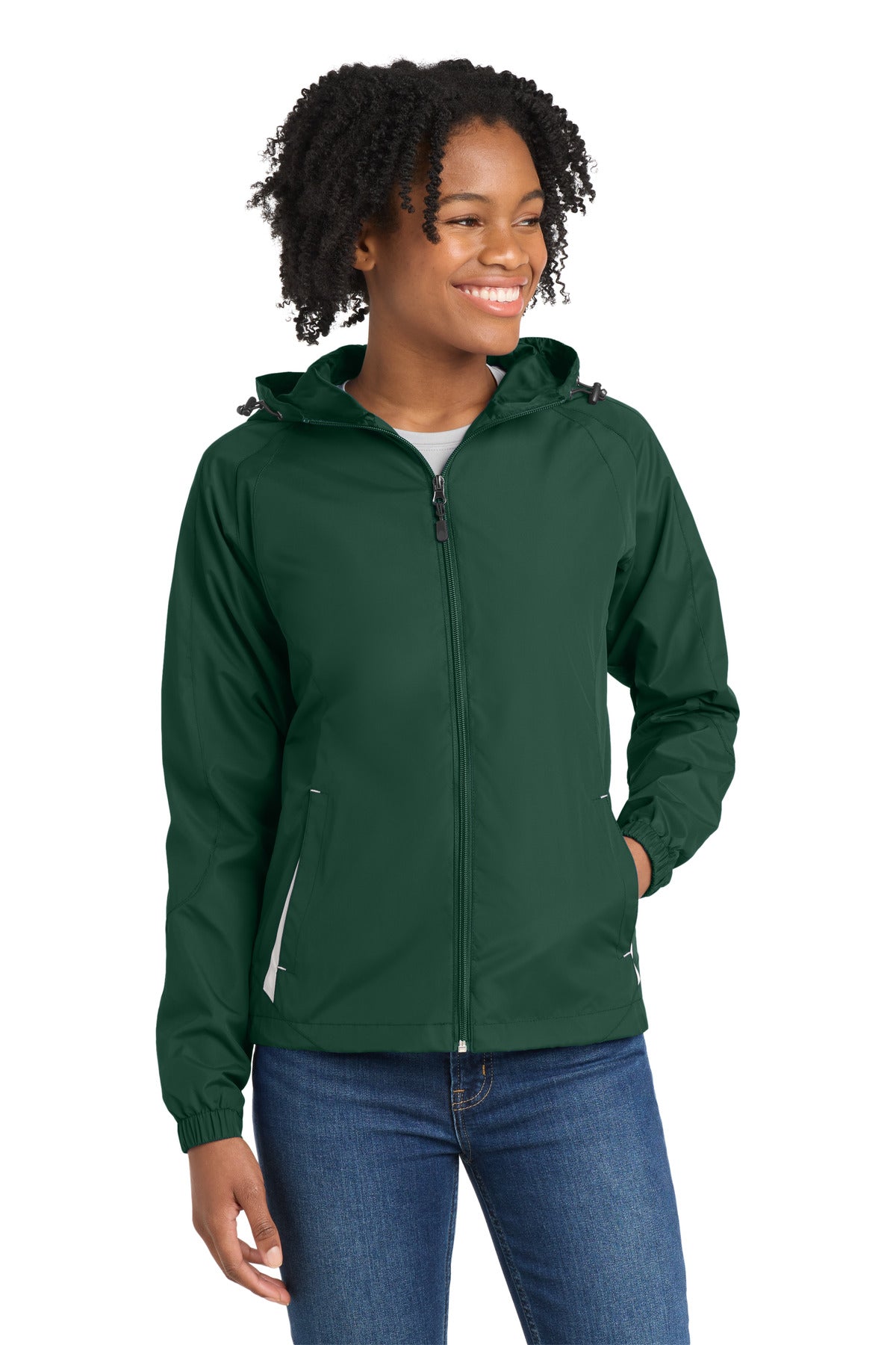 Custom Forest Green/ White Women's Colorblock Hooded Raglan Jacket LST76, personalized by SanCanDo Swag in Argyle, TX