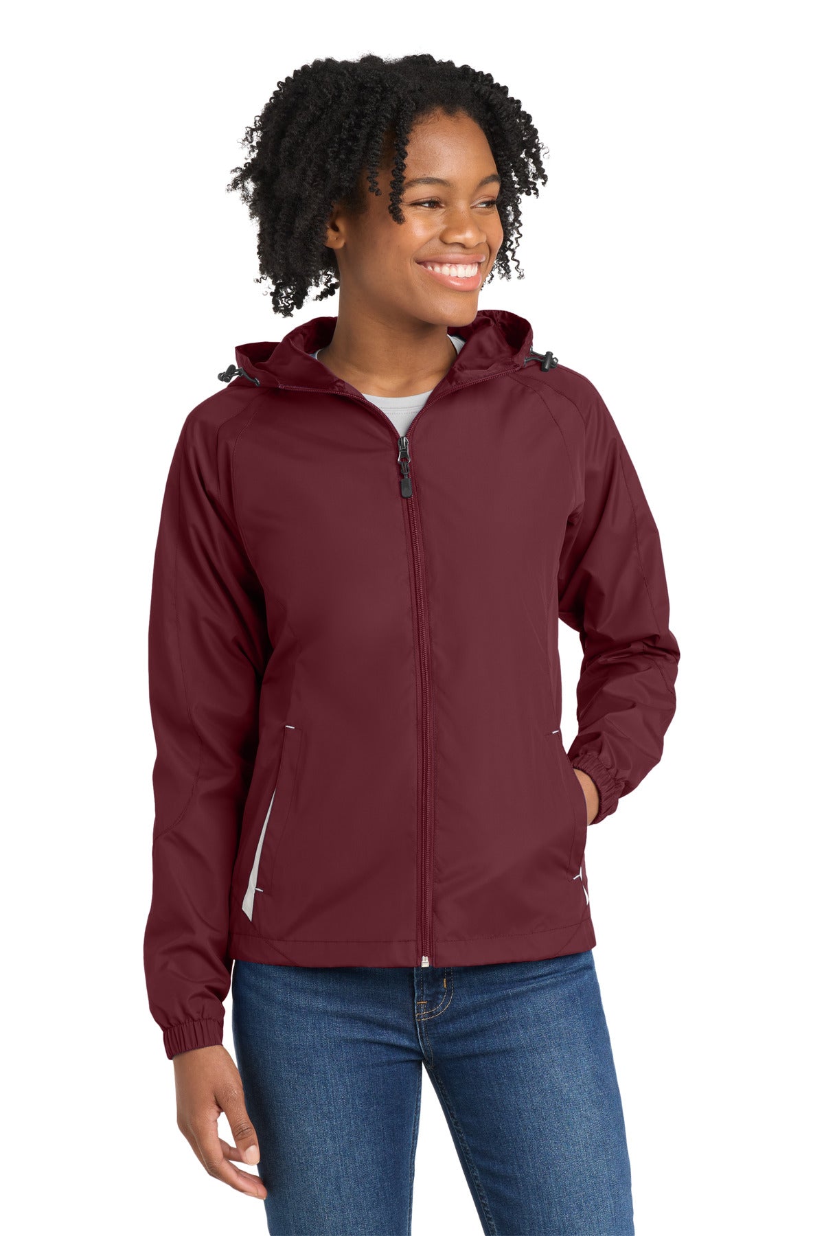 Custom Maroon/ White Women's Colorblock Hooded Raglan Jacket LST76, personalized by SanCanDo Swag in Argyle, TX