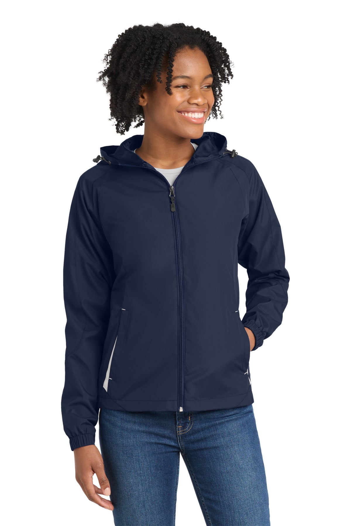Custom True Navy/ White Women's Colorblock Hooded Raglan Jacket LST76, personalized by SanCanDo Swag in Argyle, TX