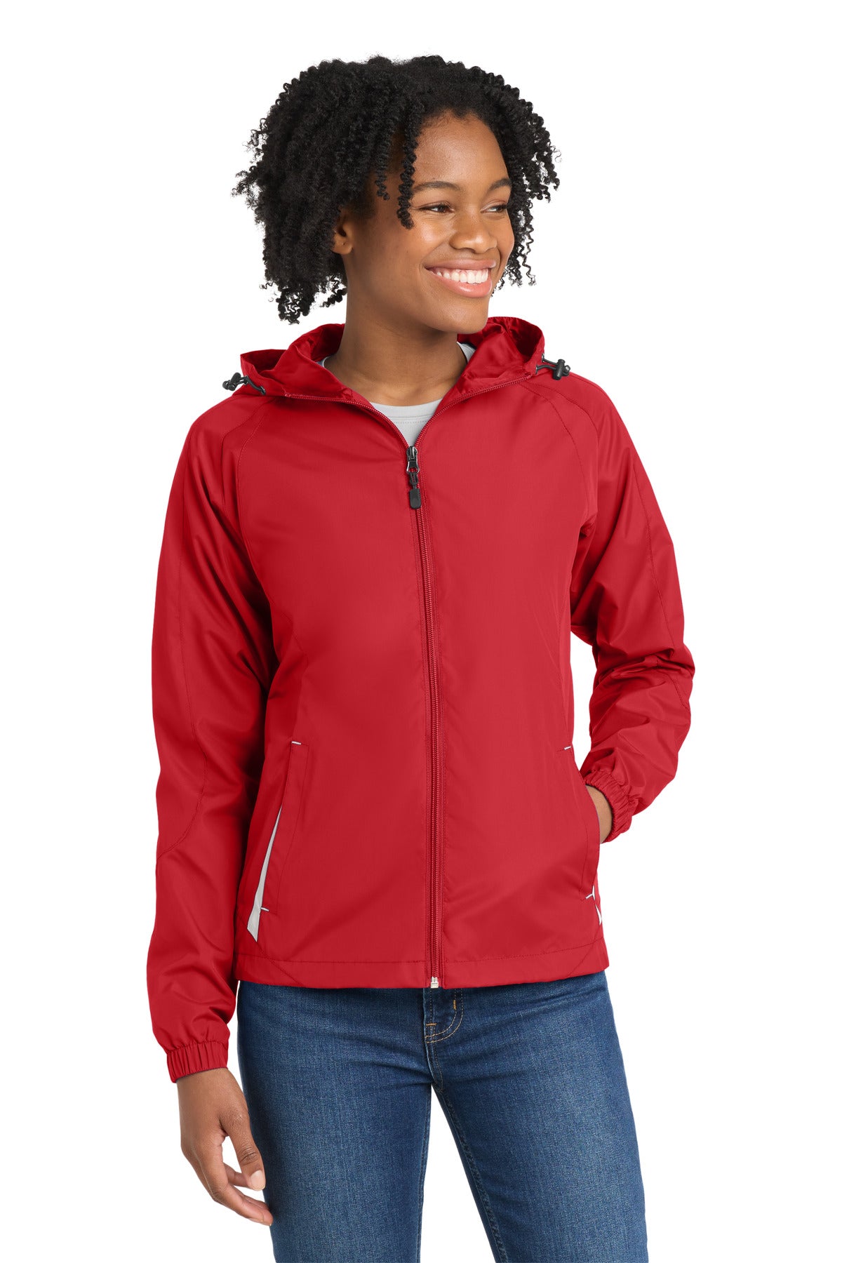 Custom True Red/ White Women's Colorblock Hooded Raglan Jacket LST76, personalized by SanCanDo Swag in Argyle, TX