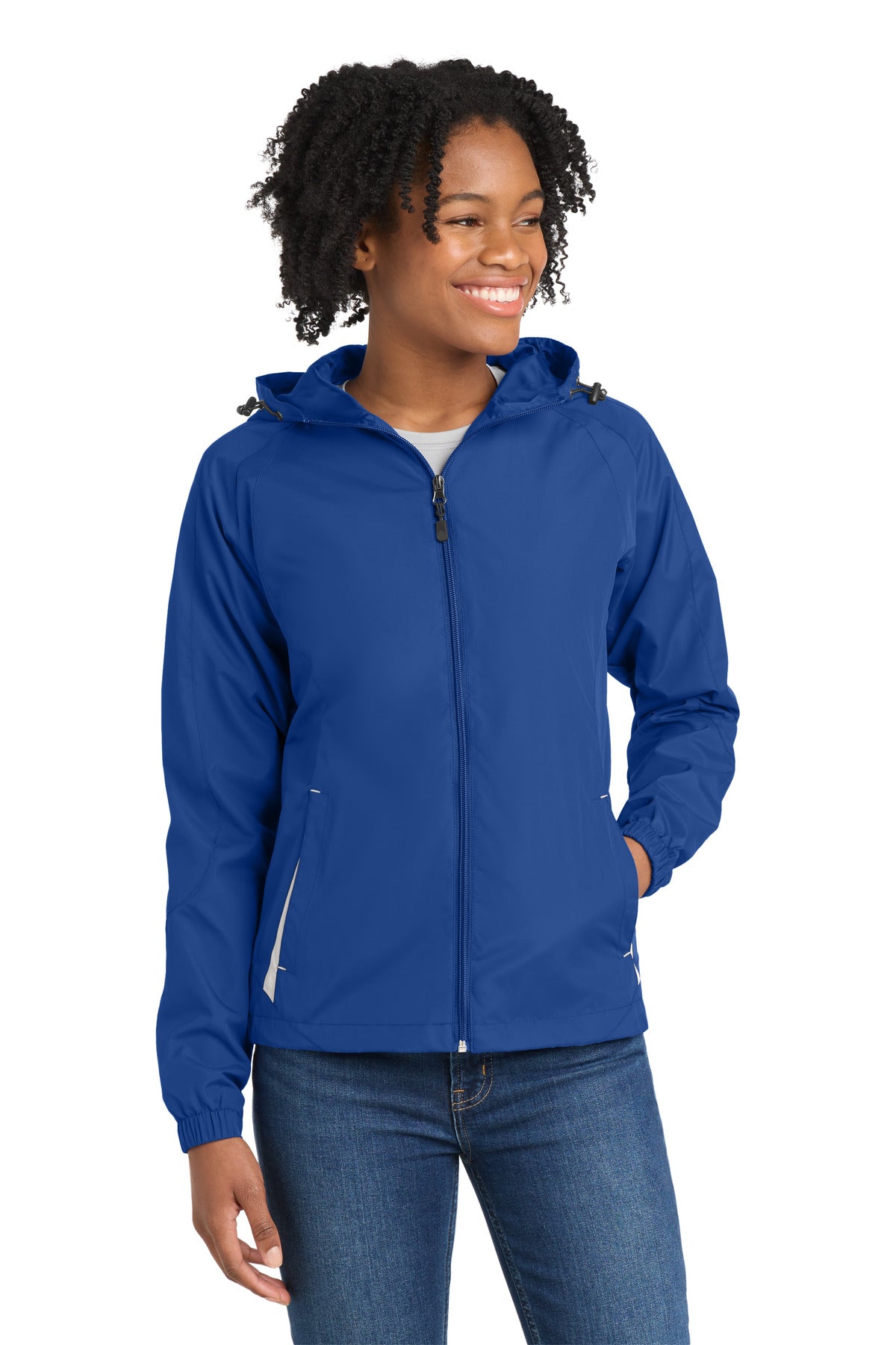 Custom True Royal/ White Women's Colorblock Hooded Raglan Jacket LST76, personalized by SanCanDo Swag in Argyle, TX