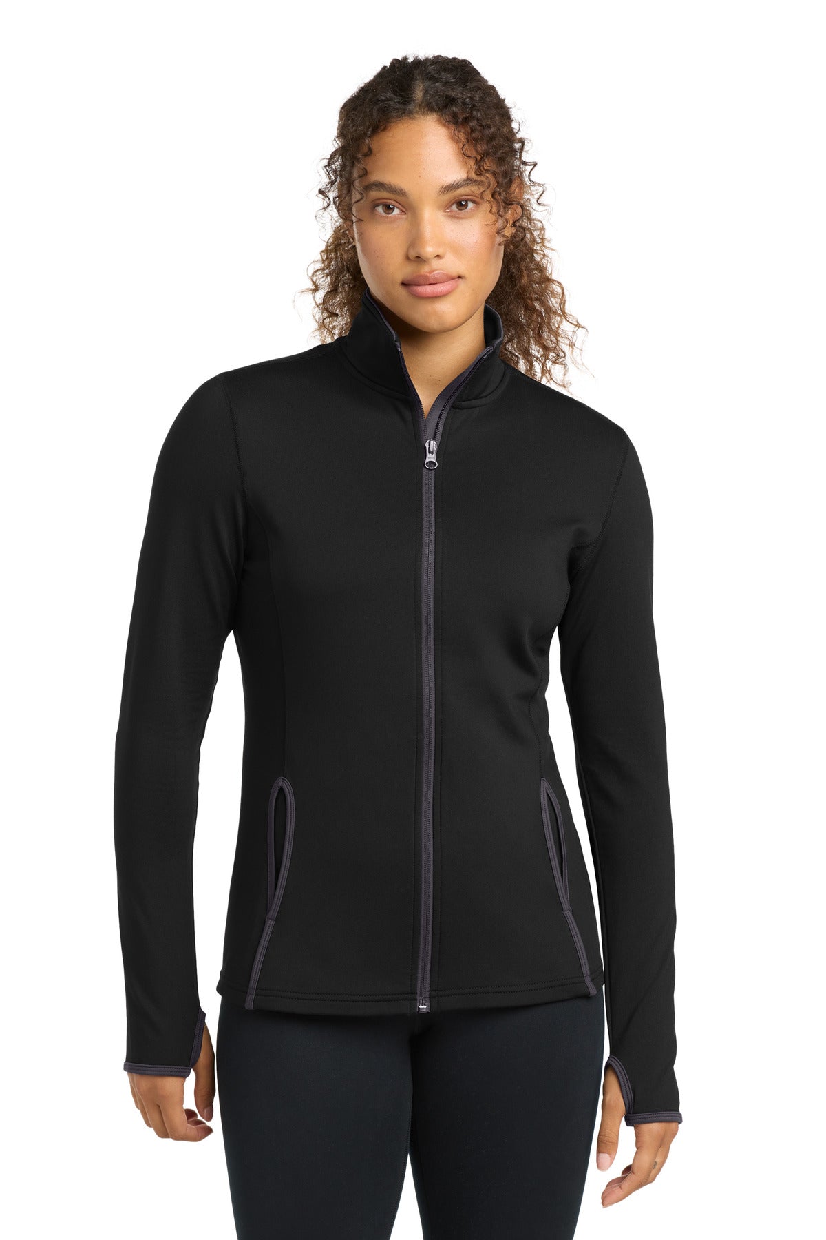 Custom Black/ Charcoal Grey Women's Stretch Contrast Full-Zip Jacket LST853, personalized by SanCanDo Swag in Argyle, TX