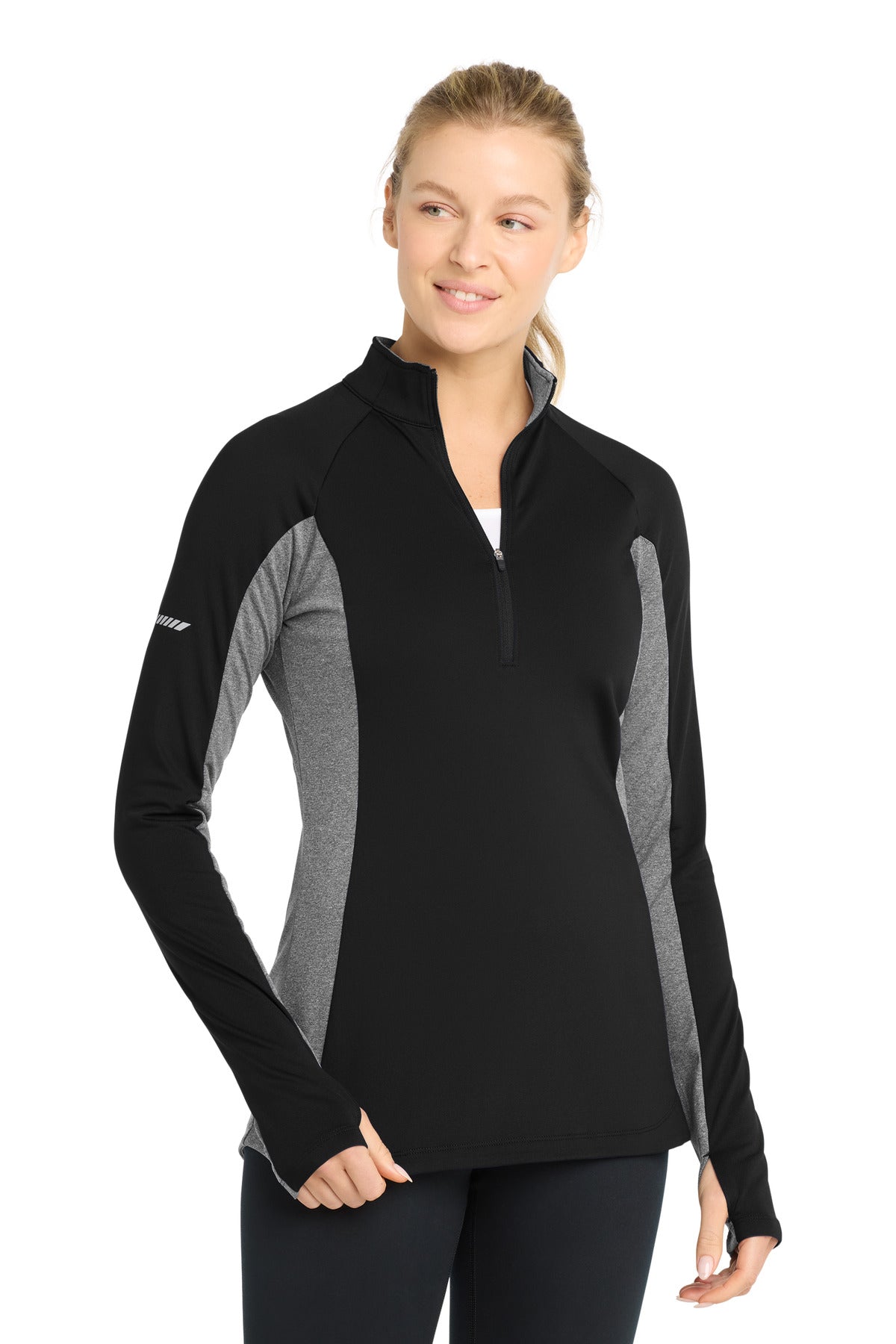 Custom Black/ Charcoal Grey Heather Women's Stretch Contrast 1/4-Zip Pullover LST854, personalized by SanCanDo Swag in Argyle, TX