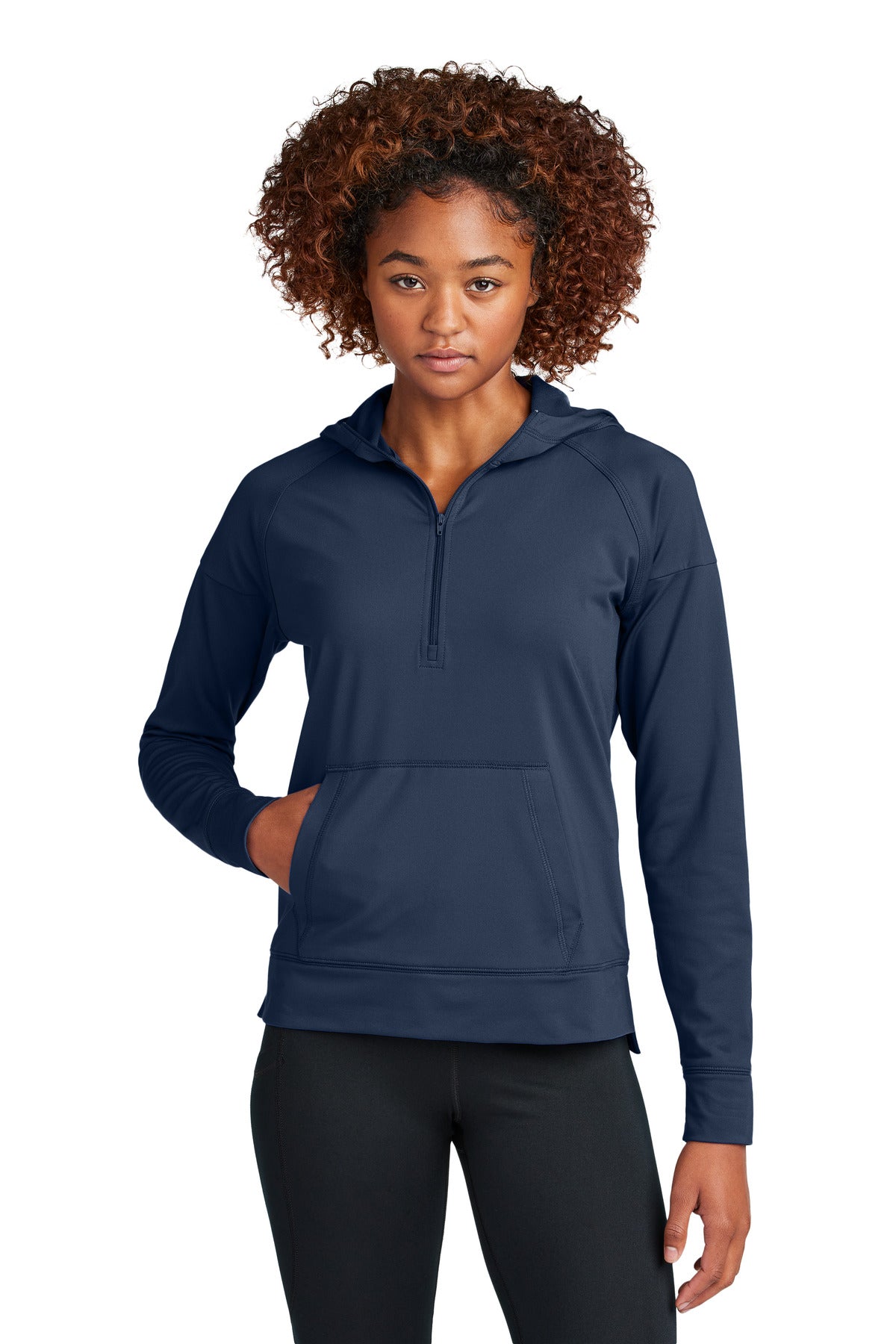 Custom True Navy Sport-Wick Stretch 1/2-Zip Hoodie LST856, personalized by SanCanDo Swag in Argyle, TX