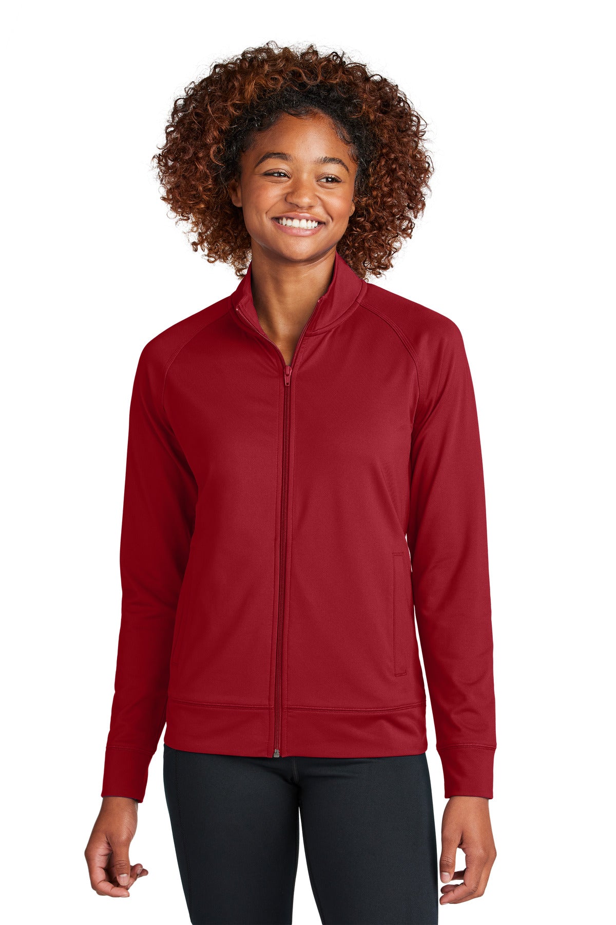Custom Deep Red Women's Stretch Full-Zip Cadet Jacket LST857, personalized by SanCanDo Swag in Argyle, TX