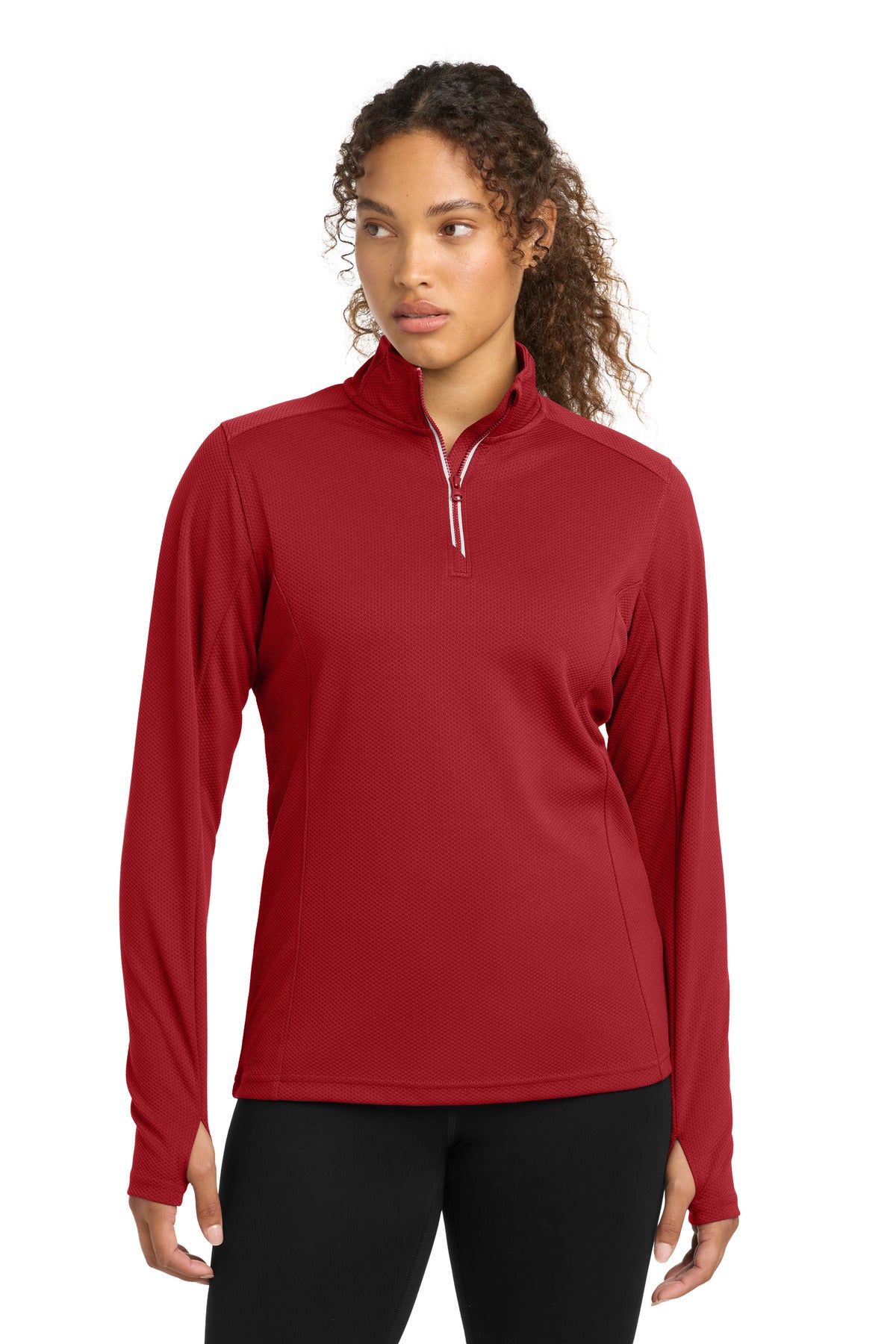 Custom Deep Red Women's Sport-Wick Textured 1/4-Zip LST860, personalized by SanCanDo Swag in Argyle, TX