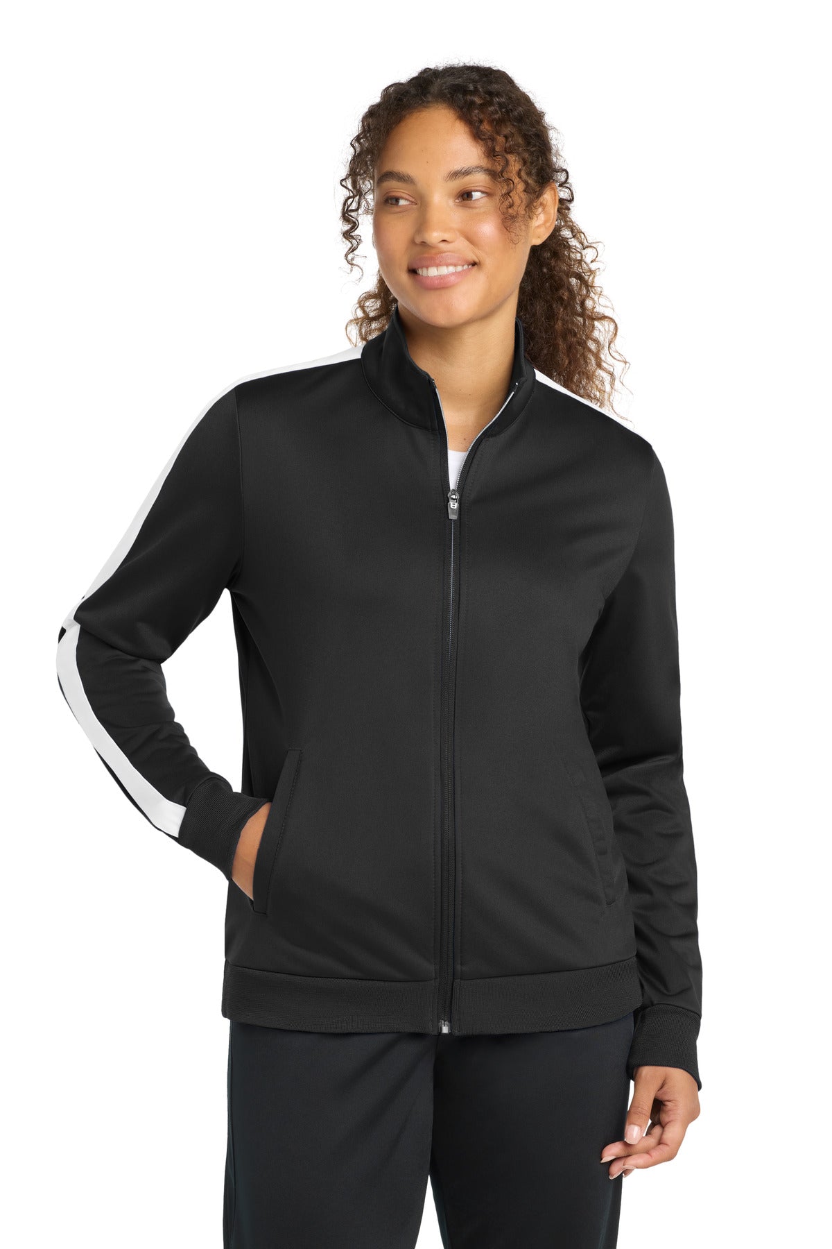 Custom Black/ White Tricot Sleeve Stripe Track Jacket LST94, personalized by SanCanDo Swag in Argyle, TX